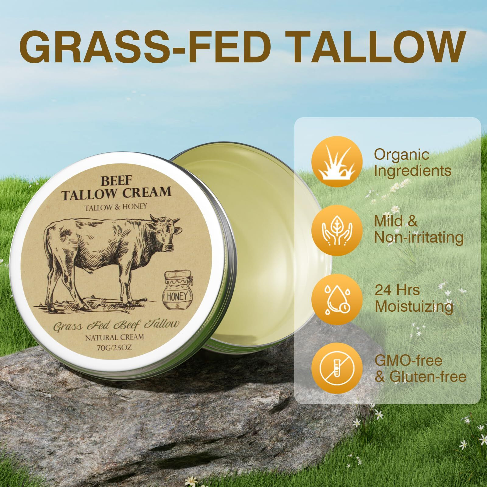 Mrouvik Beef Tallow For Skin  Tallow And Honey Balm Tallow Face Moisturizer  Natural Organic Grass-Fed Beef Tallow Balm With Raw Honey Moisturizing Cream For Body Lotion Skin Care