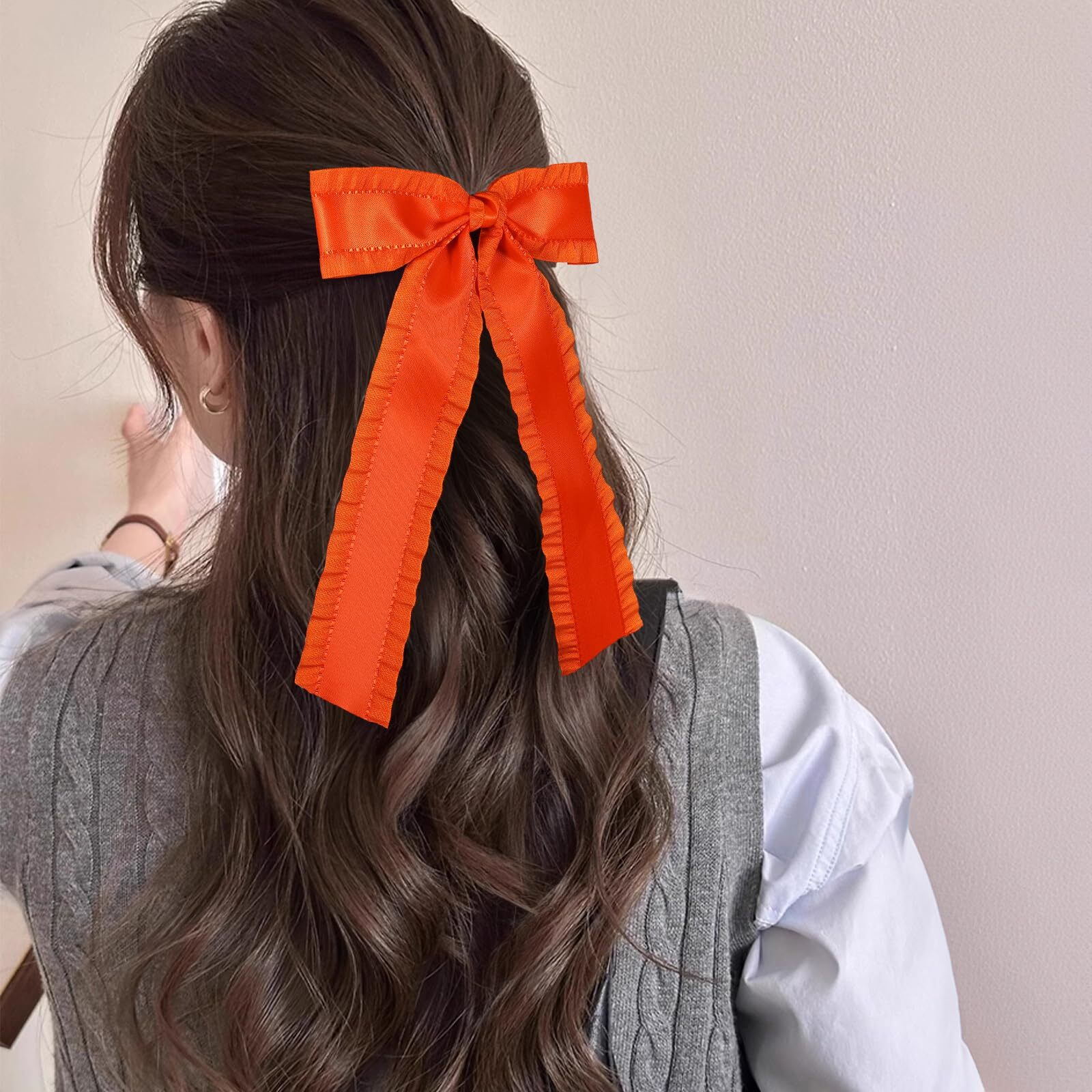 5.5 "" Orange Hair Ribbon Bow Clips Long Tail For Women Girls Big Solid Satin Double Ruffle Ribbon Alligator Barrettes Hairpins Happy Fall Outfit Decoration Accessory Birthday Gift