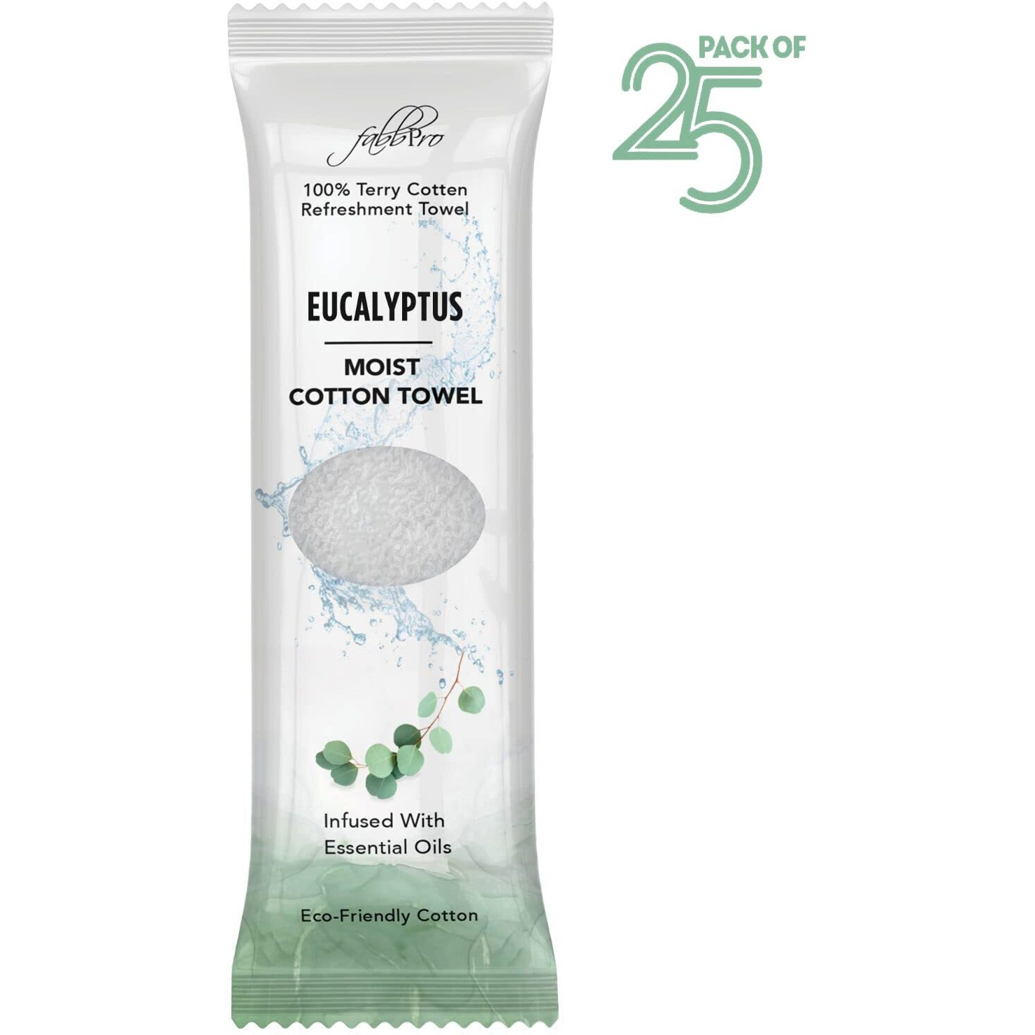 Fabbpro Oshibori Moist Terry Cotton Refreshment Towels (25 Pack  8 X 8 Inches) - White Scented Pre-Moistened Towel To Use Hot Or Cold (Eucalyptus)