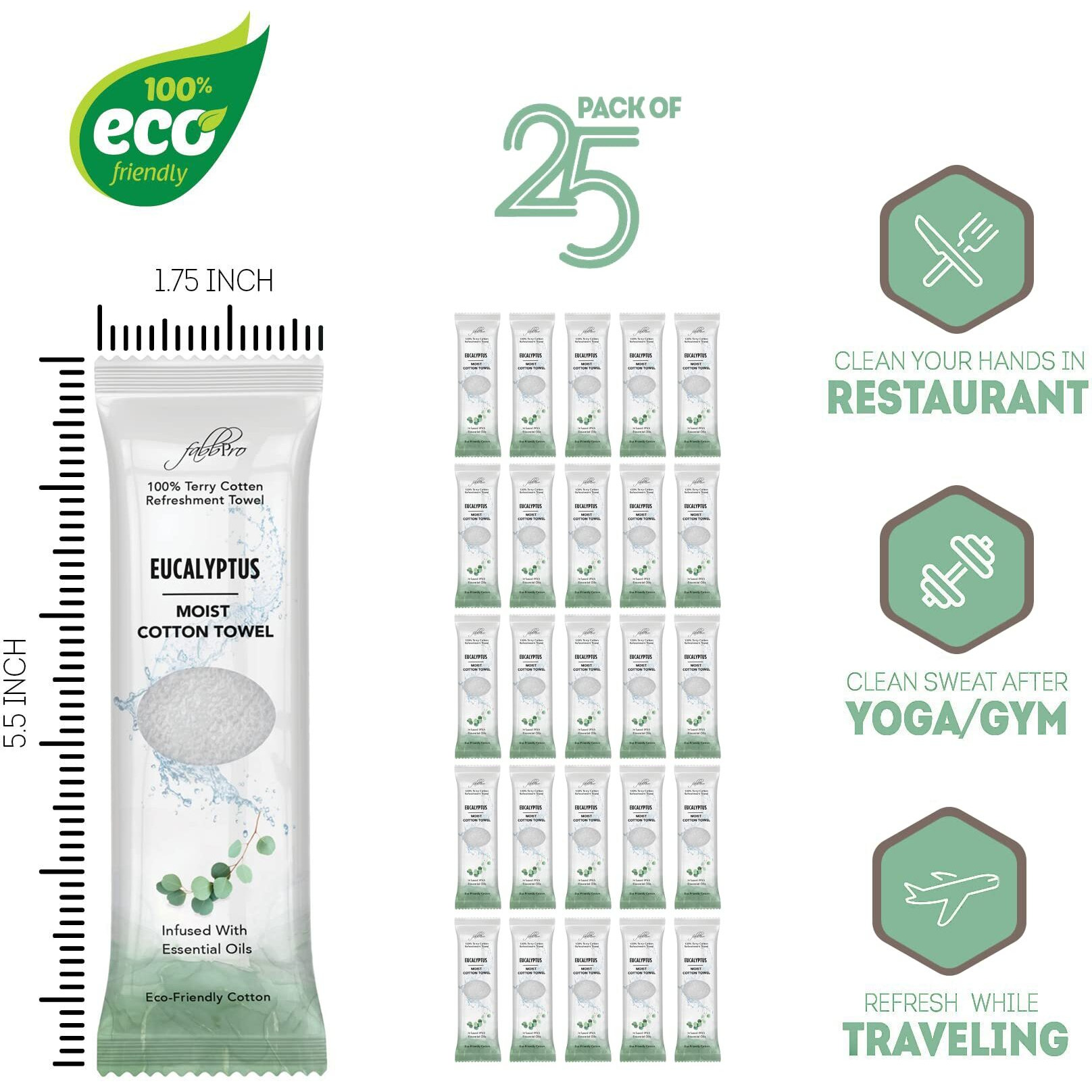 Fabbpro Oshibori Moist Terry Cotton Refreshment Towels (25 Pack  8 X 8 Inches) - White Scented Pre-Moistened Towel To Use Hot Or Cold (Eucalyptus)