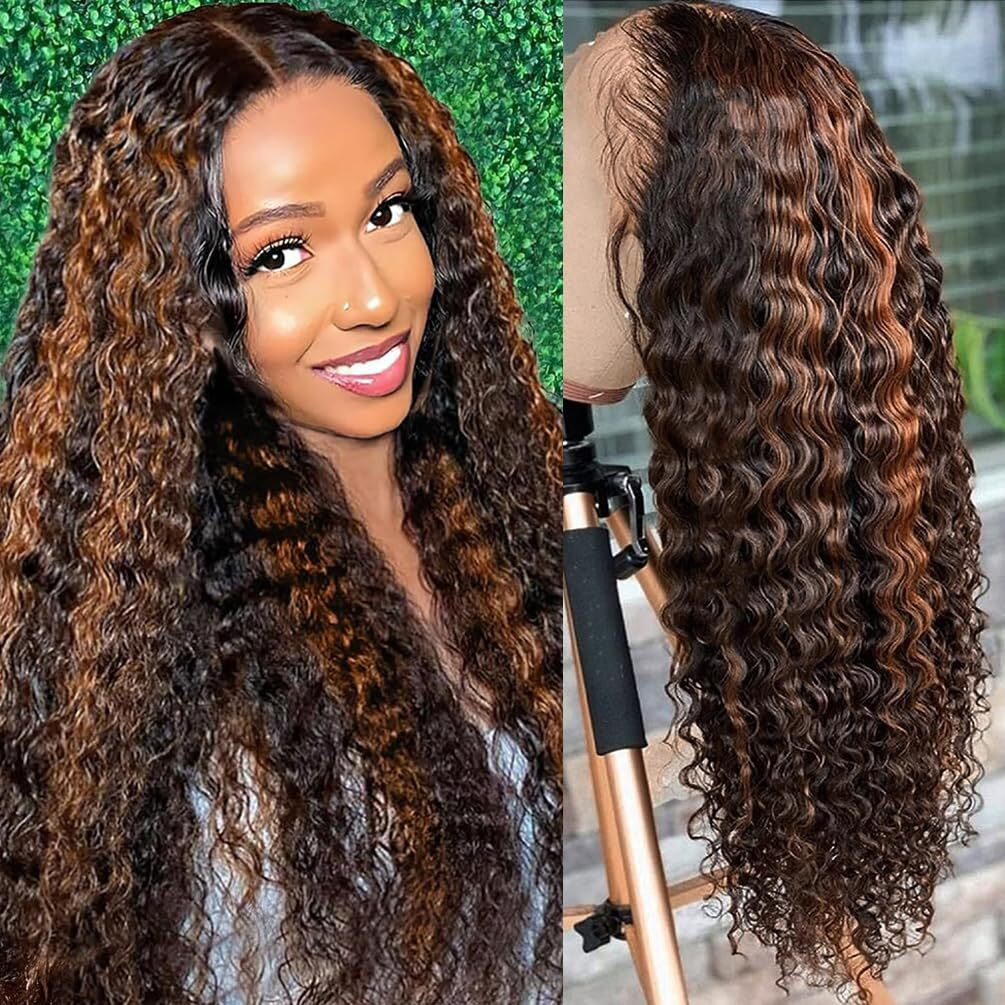 Super Idol Omber Highlight Deep Wave Lace Front Wigs Human Hair Brazilian Lace Closure Wigs 44 Ombre Human Hair Wig P1B/30 Free Part Human Hair Wig For Black Women (26 Inch  1B/30 Highlight Wig)