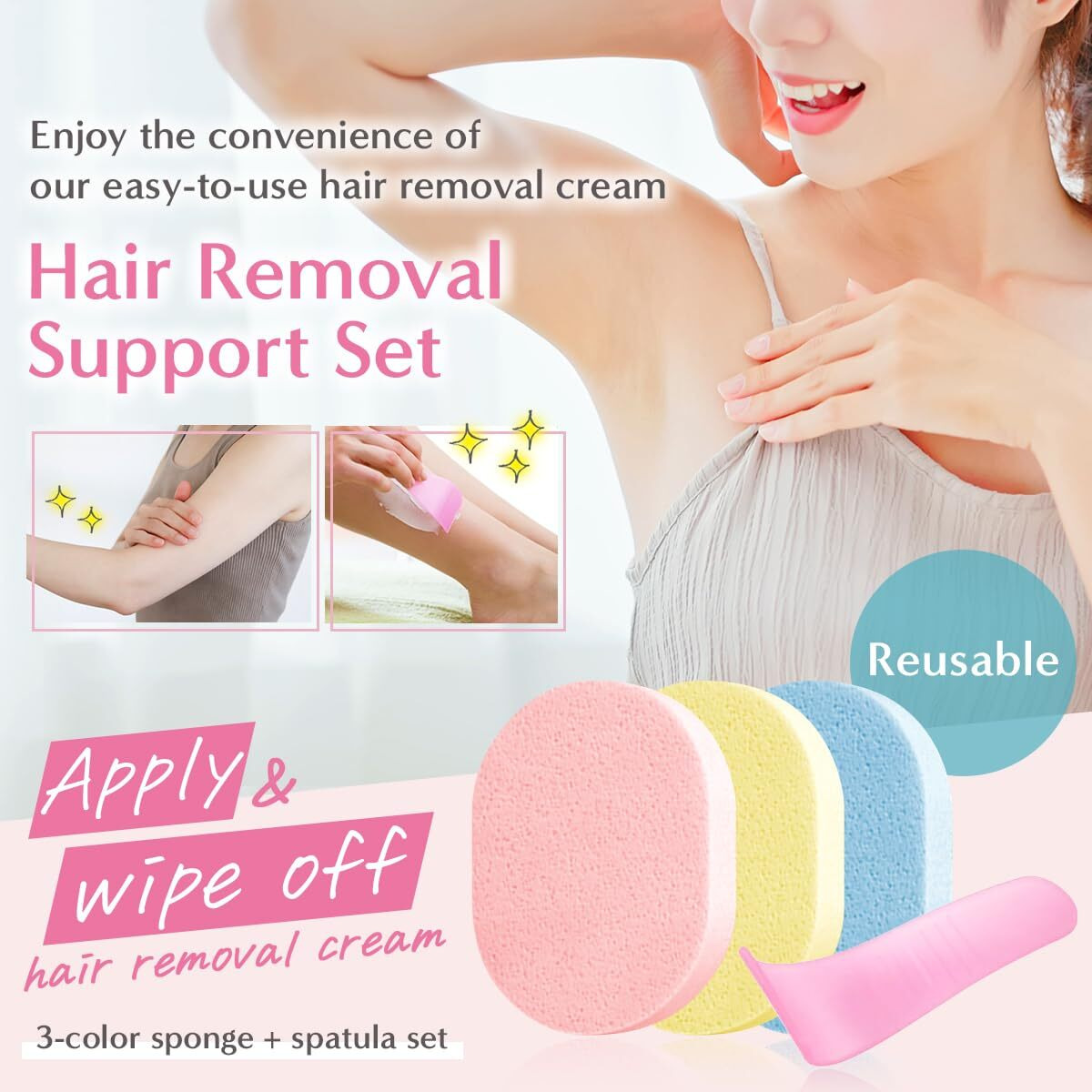 Hair Removal Aid Kit 3 Body Sponges & Depilatory Cream Spatula - Gentle On Skin  100% Pva Material  For Men & Women