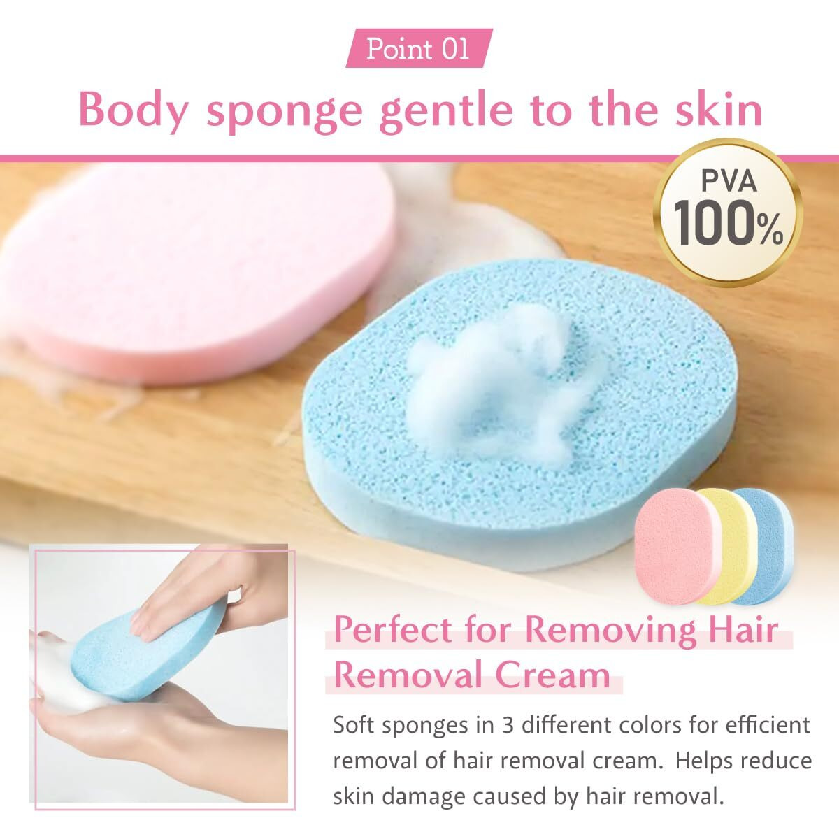 Hair Removal Aid Kit 3 Body Sponges & Depilatory Cream Spatula - Gentle On Skin  100% Pva Material  For Men & Women