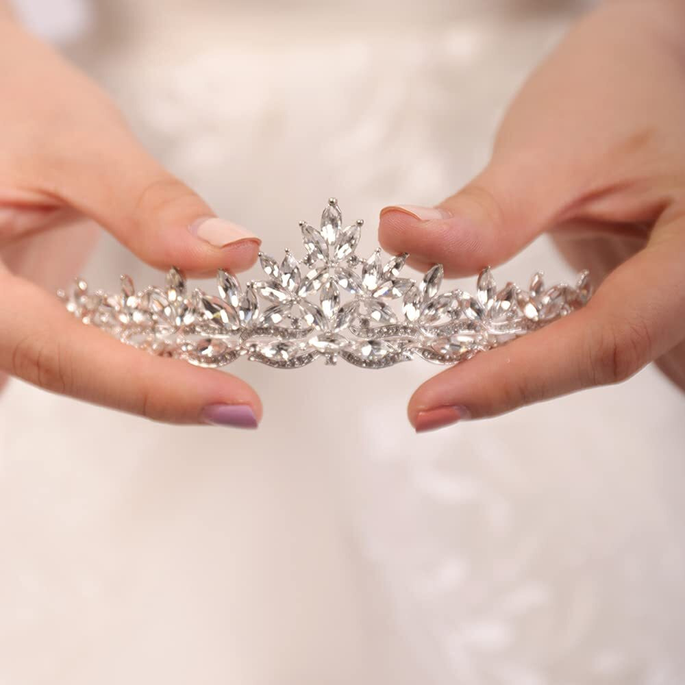 Jwicos Silver Bridal Princess Queen Tiara Crown Rhinestones Crystal Leaves Wedding Tiara Party Hats Pageant For Brides And Bridesmaid