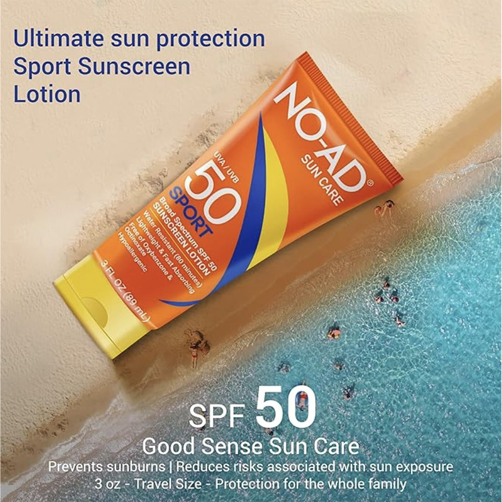 No-Ad Spf 50 Sport Sunscreen Lotion | Hypoallergenic | Broad Spectrum Uva/Uvb Protection | Water Resistant | Octinoxate & Oxybenzone Free With Moisturizing Vitamin E And Aloe 3Oz | Travel Size