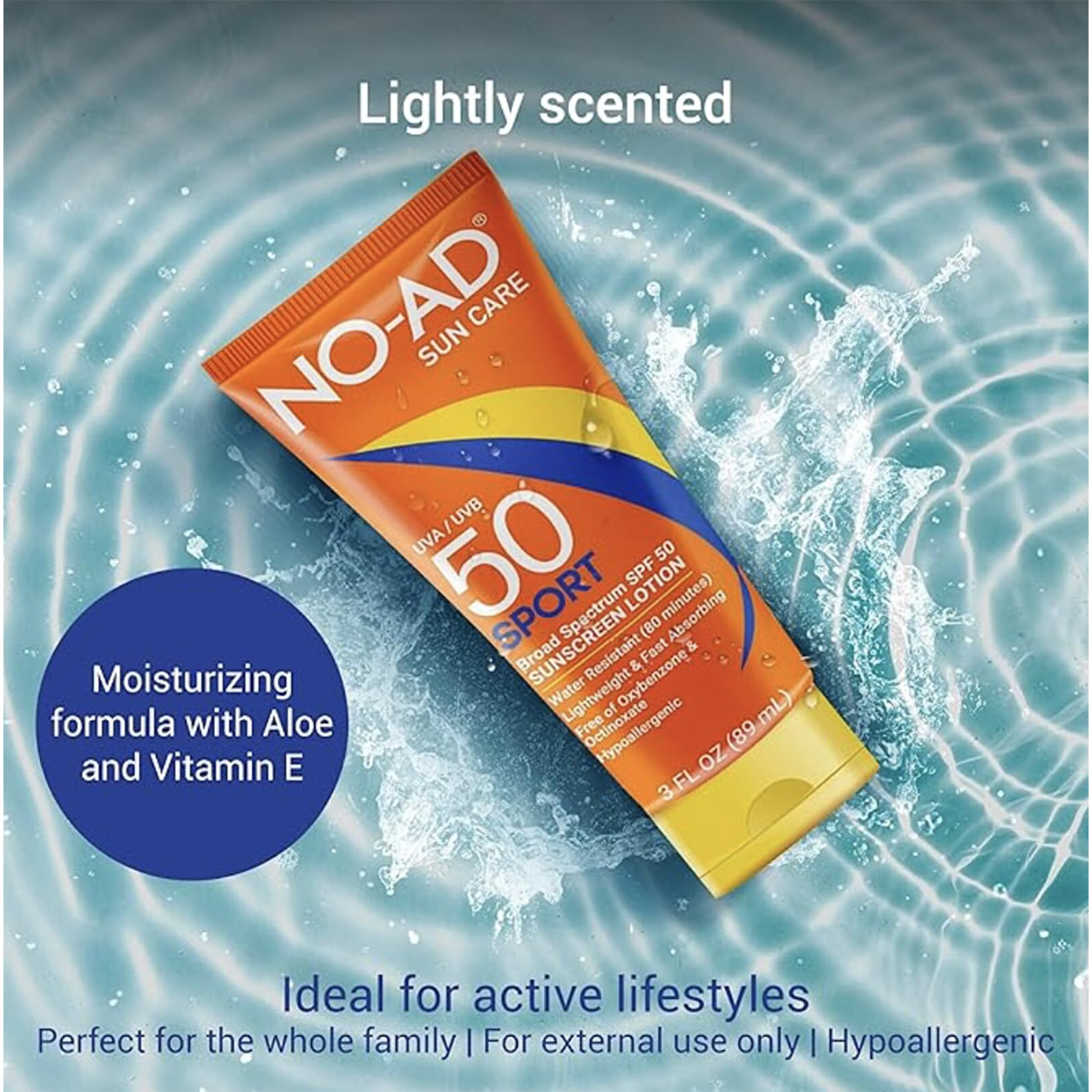 No-Ad Spf 50 Sport Sunscreen Lotion | Hypoallergenic | Broad Spectrum Uva/Uvb Protection | Water Resistant | Octinoxate & Oxybenzone Free With Moisturizing Vitamin E And Aloe 3Oz | Travel Size