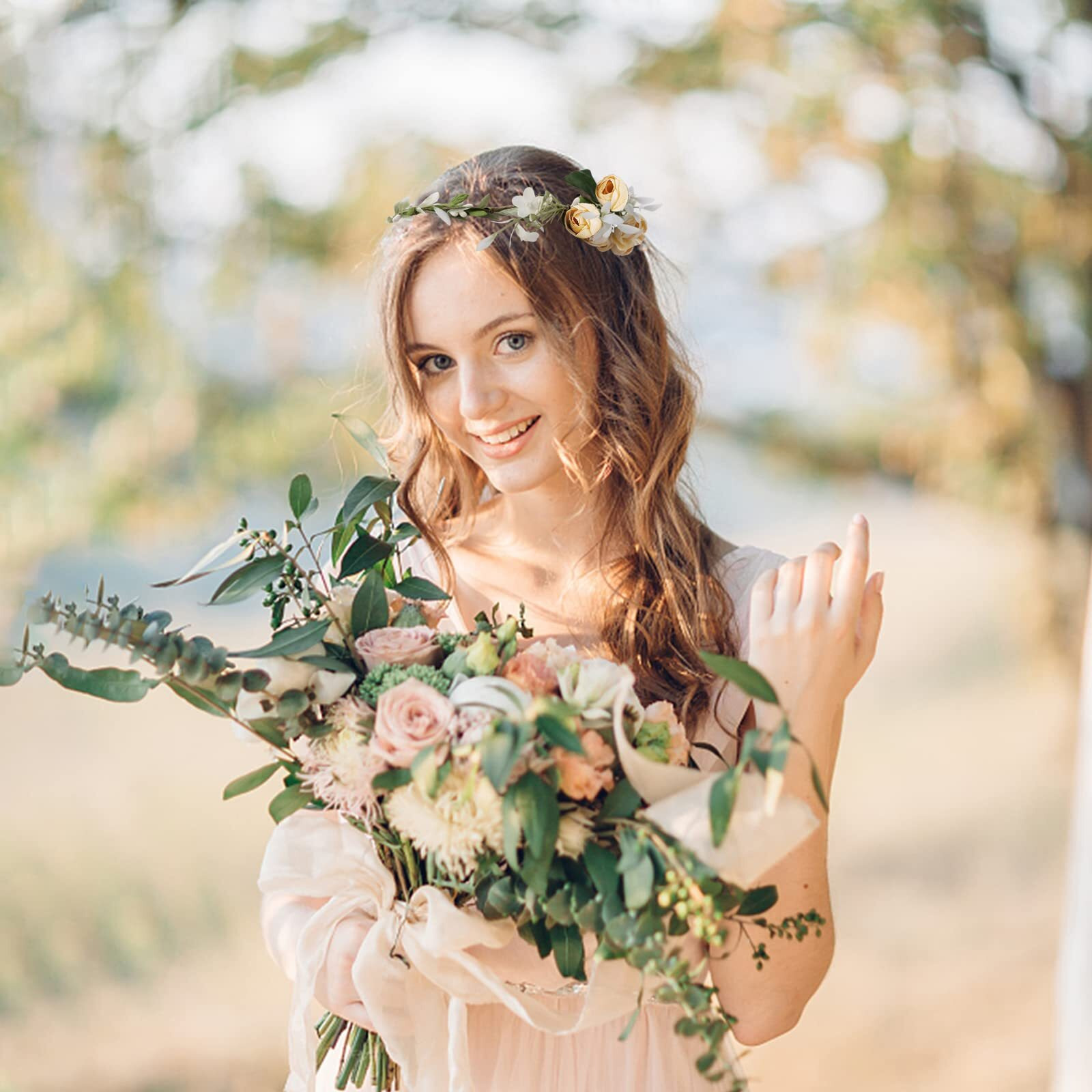 Yission Beige Flower Crown Floral Wreath Headband Flower Women Girl Headpiece Hair Accessories For Wedding Photo Shoot Festivals