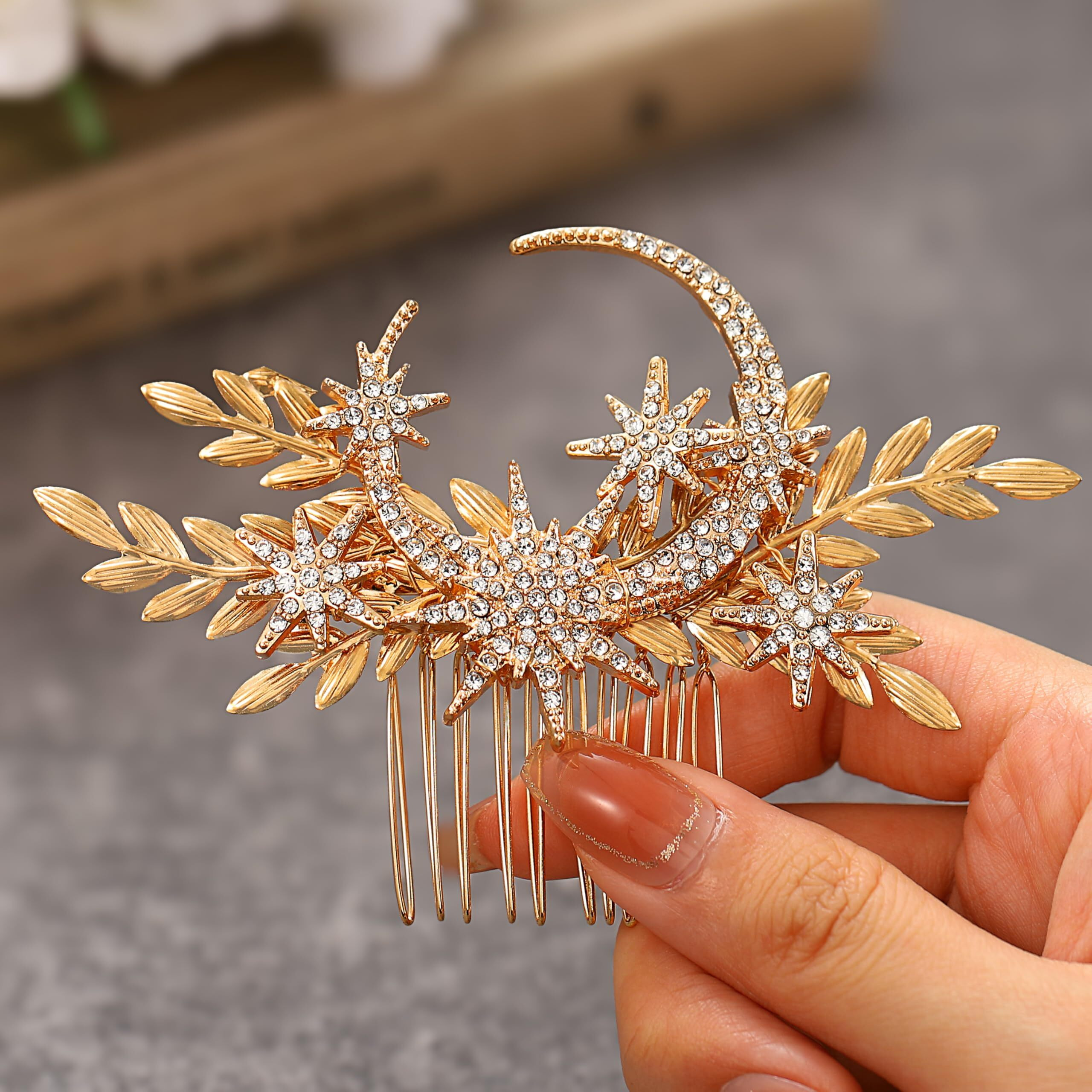 Genbree Leaf Bride Wedding Hair Comb Gold Star Moon Hair Piece Crystal Bridal Hair Accessories For Women