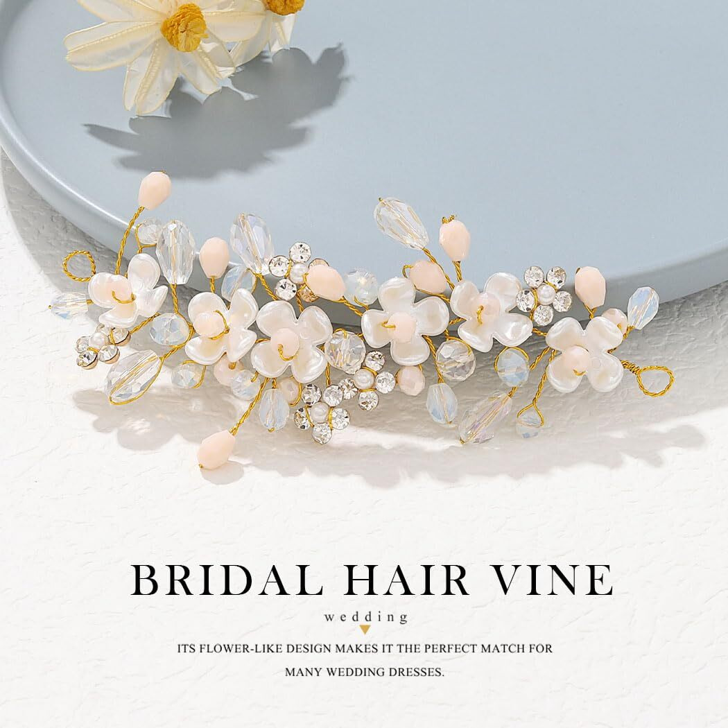 Earent Bridal Flower Hair Vine Gold Pearl Hair Pieces Crystal Wedding Bride Hair Accessories For Women