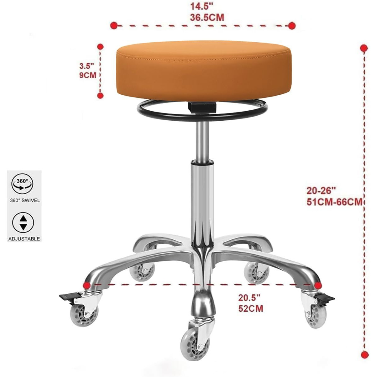 Mcdoofly Round Rolling Stools With Wheels - Adjustable Swivel Stool Chair Heavy Duty 400 Lbs Thick Seat Pading Lash Chairs For Kitchen Counter Shop Salon Spa Medical Garage Home Office(Camel)