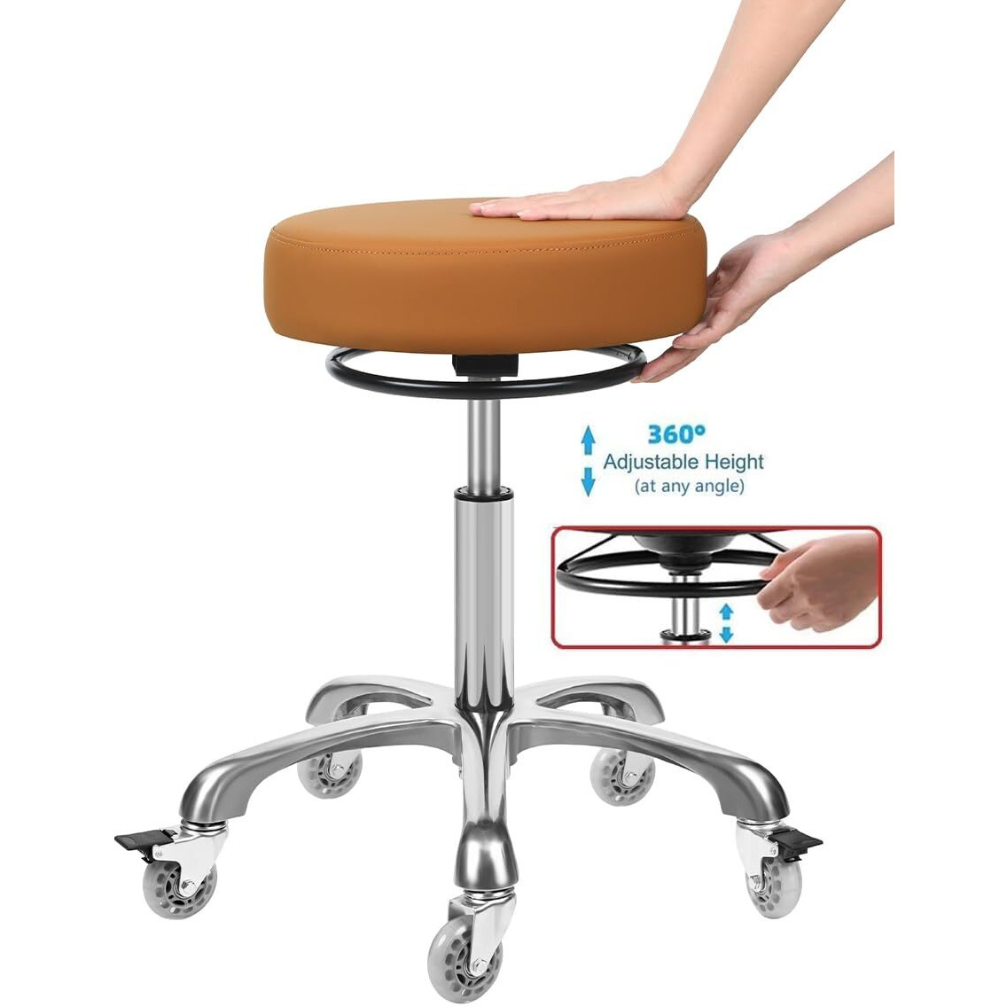 Mcdoofly Round Rolling Stools With Wheels - Adjustable Swivel Stool Chair Heavy Duty 400 Lbs Thick Seat Pading Lash Chairs For Kitchen Counter Shop Salon Spa Medical Garage Home Office(Camel)