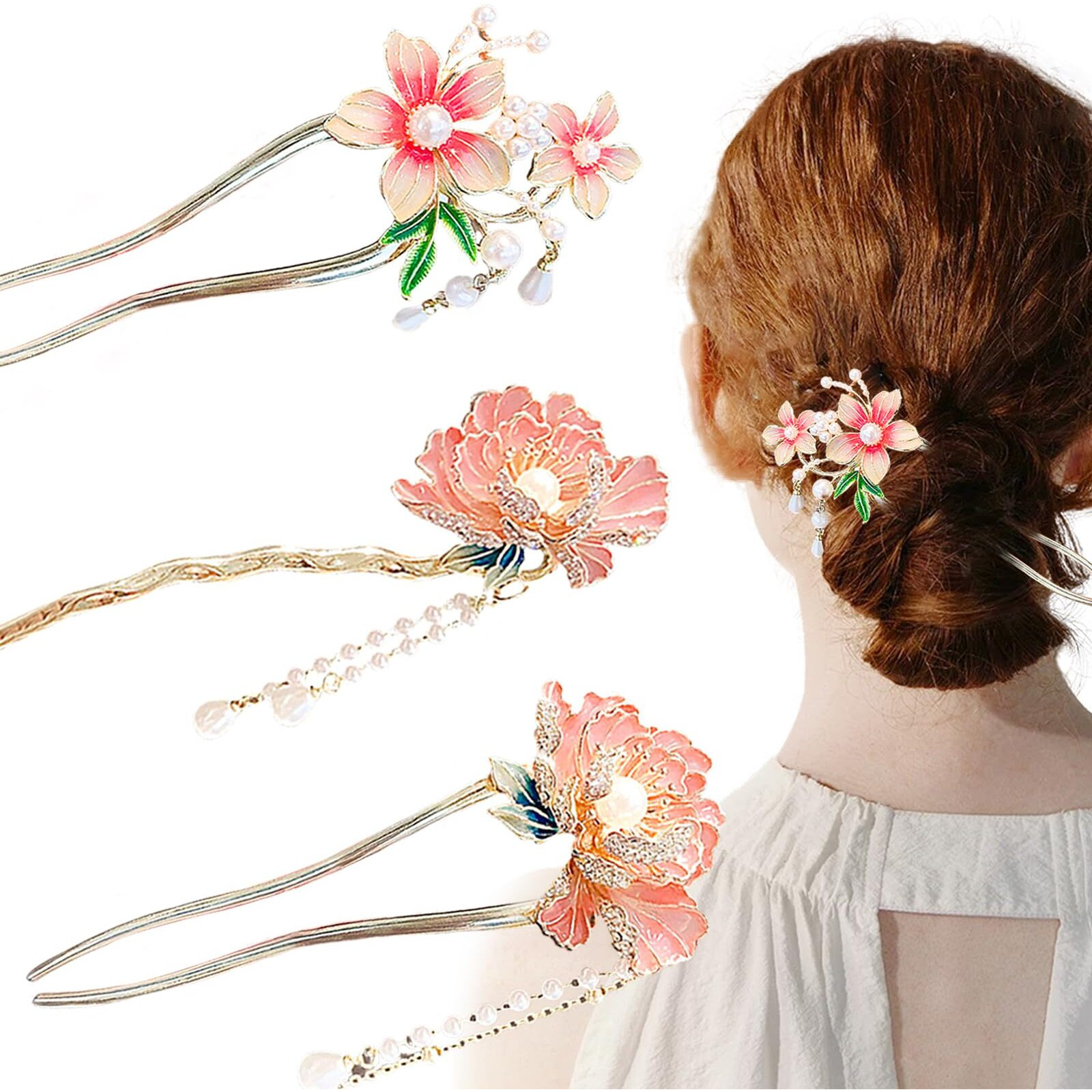 3 Pcs Pearl Chinese Flower Hair Sticks Vintage Tassel Hair Pins Metal Chinese Hair Chopsticks For Women Girls Long Hair (Classic Style)