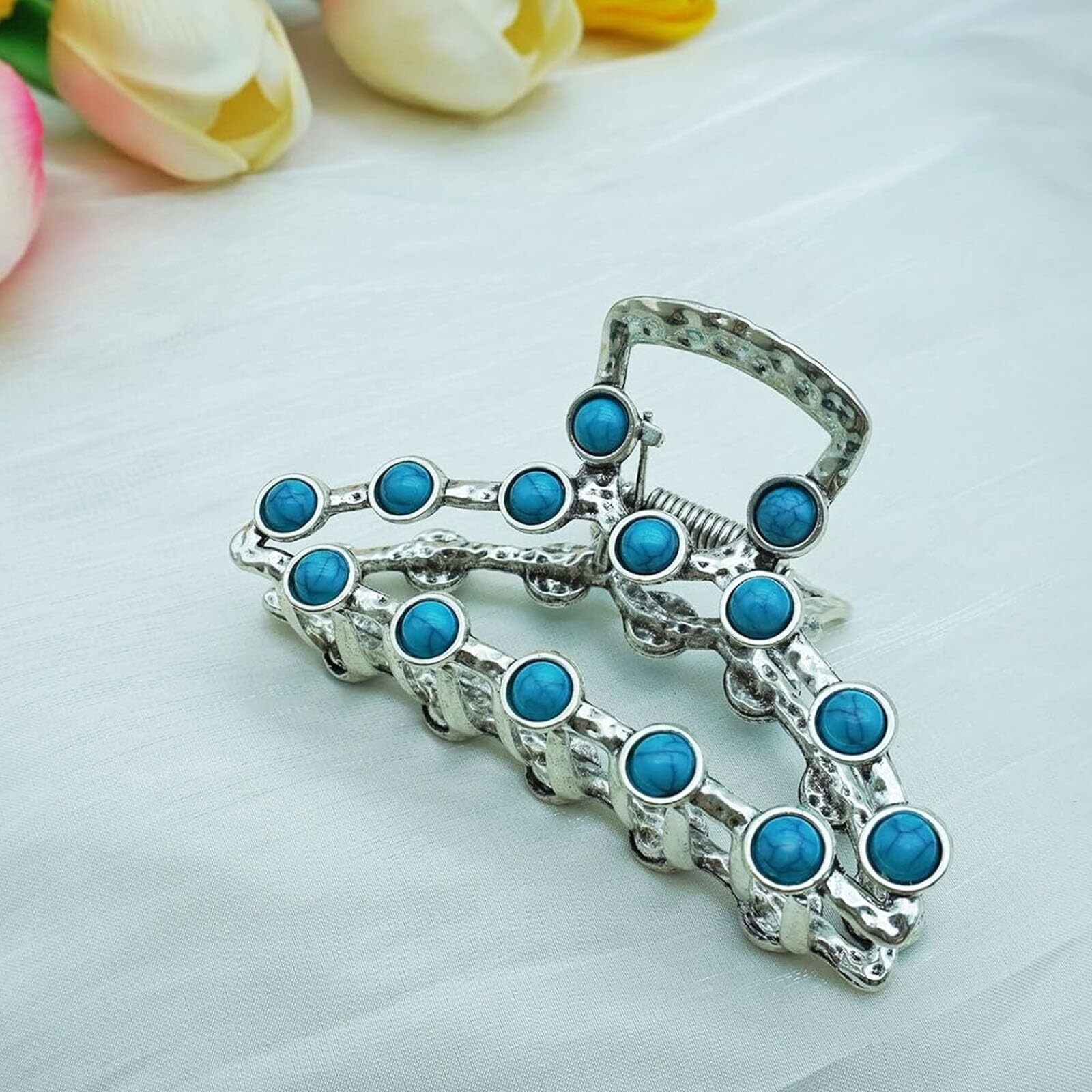 Large Metal Hair Claw Clips Turquoise Blue Stone Hair Claw Clip Western Hair Clips Nonslip Hair Accessories For Women Thick Hair Flower Silver
