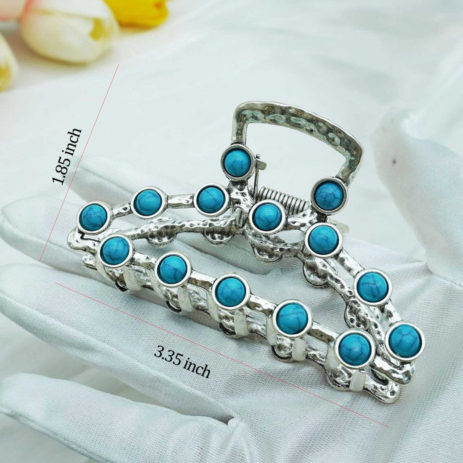 Large Metal Hair Claw Clips Turquoise Blue Stone Hair Claw Clip Western Hair Clips Nonslip Hair Accessories For Women Thick Hair Flower Silver