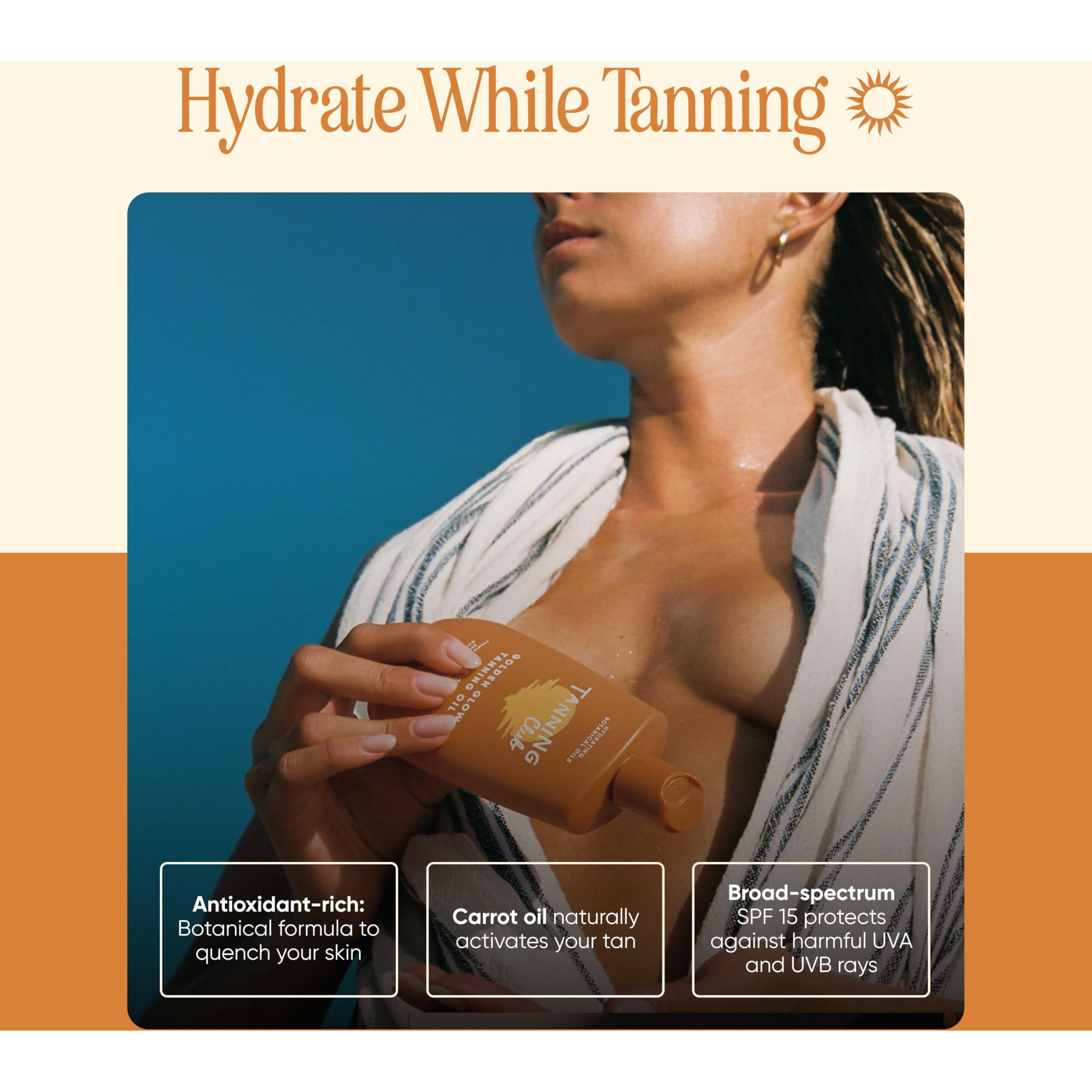 Tanning Club - Golden Glow Tanning Oil With Spf 15 - Lightweight Hydrating Sunscreen With Coconut  Carrot  And Shea Butter - Water And Sweat Resistant (80 Minutes) - 150 Ml