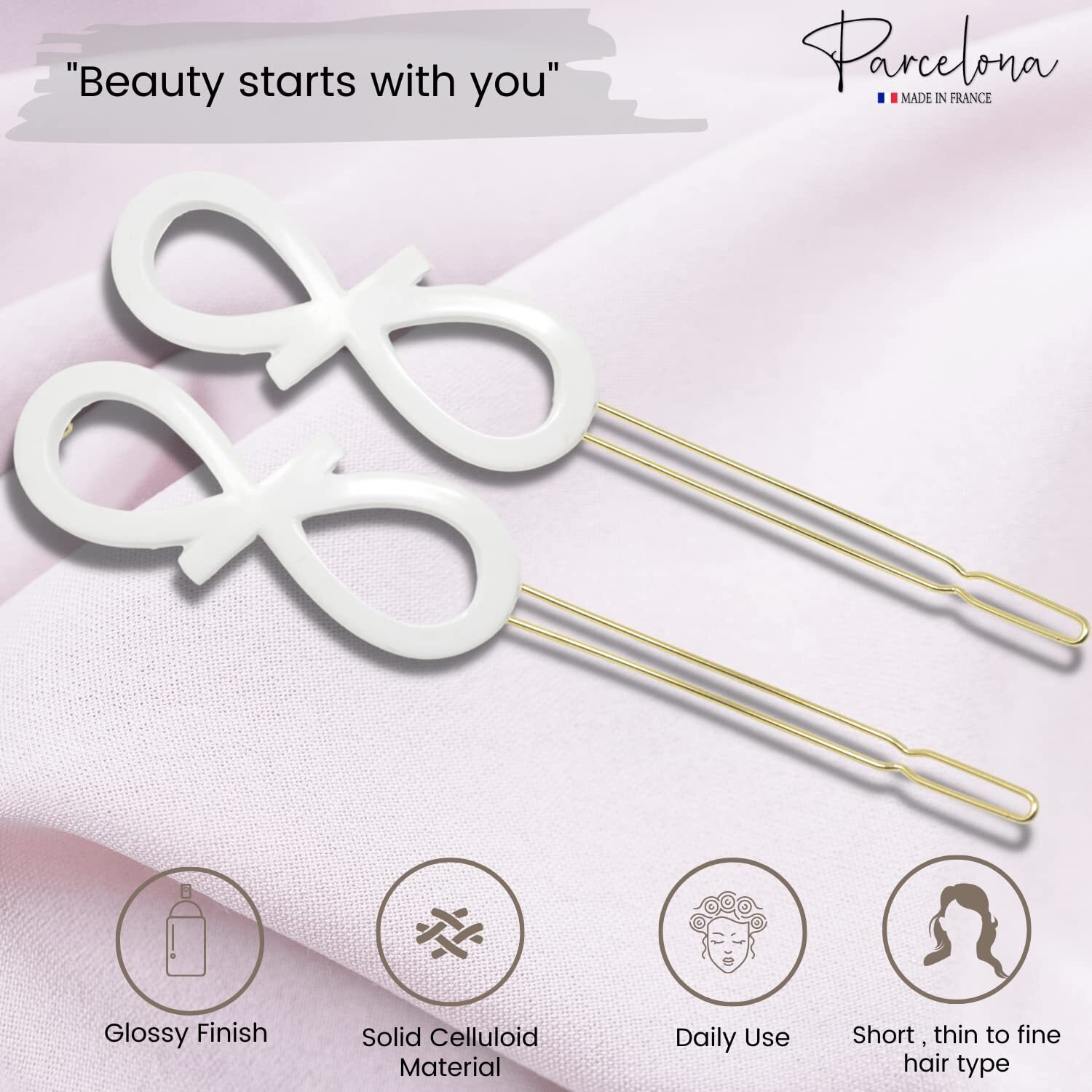 Parcelona French Ribbon Knot Infinity 2 1/4"" Small Celluloid Acetate Hair Clips With Tige Boule Clasp Set Of 2 Fashion Durable Styling No Slip Grip Women Hair Accessories Girls Side Slide-In Barrette Clip  Made In France (Solid White)