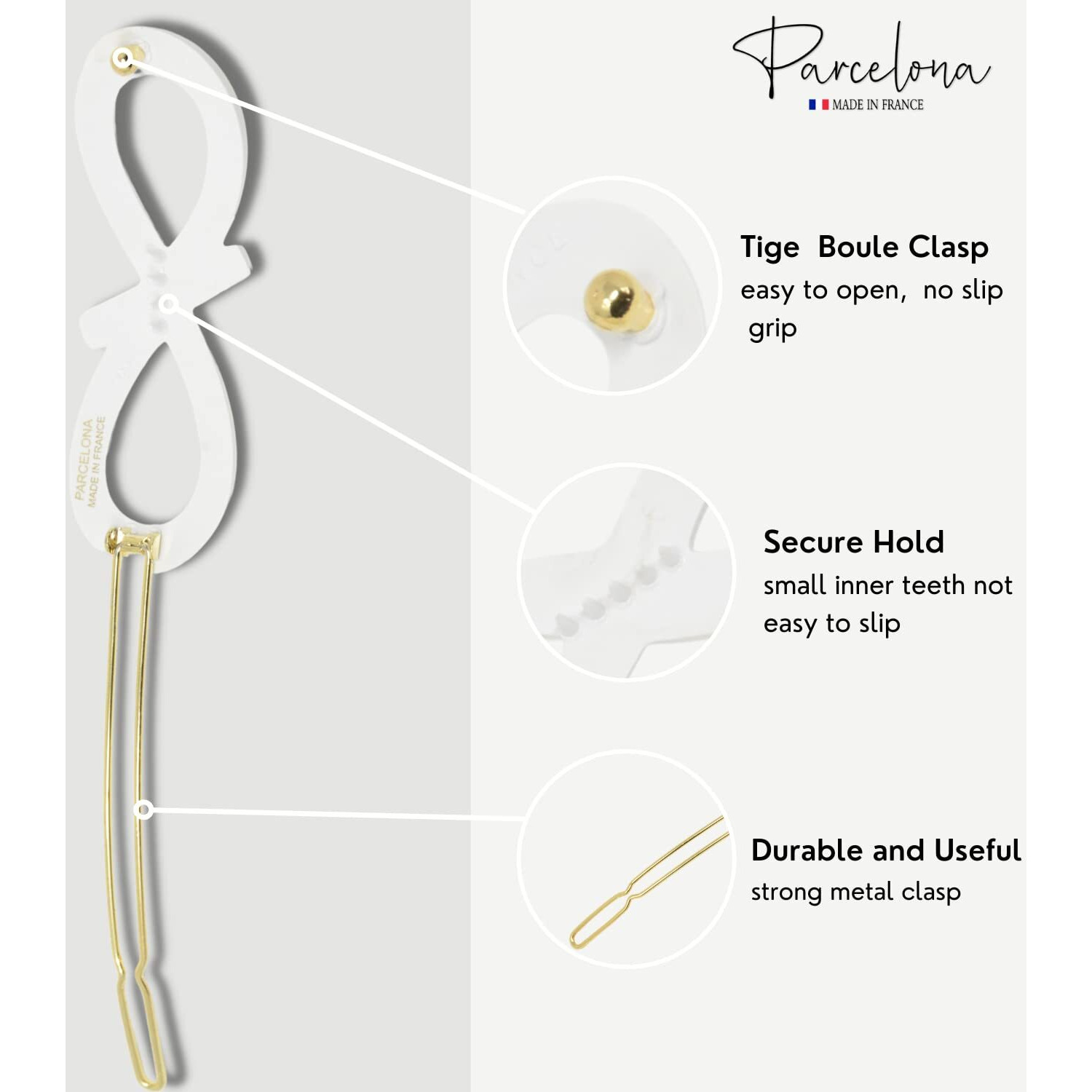 Parcelona French Ribbon Knot Infinity 2 1/4"" Small Celluloid Acetate Hair Clips With Tige Boule Clasp Set Of 2 Fashion Durable Styling No Slip Grip Women Hair Accessories Girls Side Slide-In Barrette Clip  Made In France (Solid White)