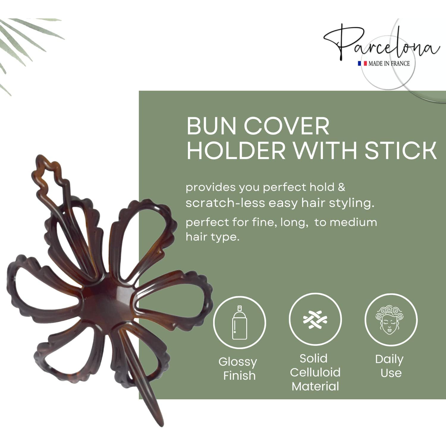 Parcelona French Floral Wavy Petal Tortoise Brown Shell Cellulose Chignon Ponytail Bun Holder Cover Cage Cap Hair Slider Pin Thru Hair Updo With Stick