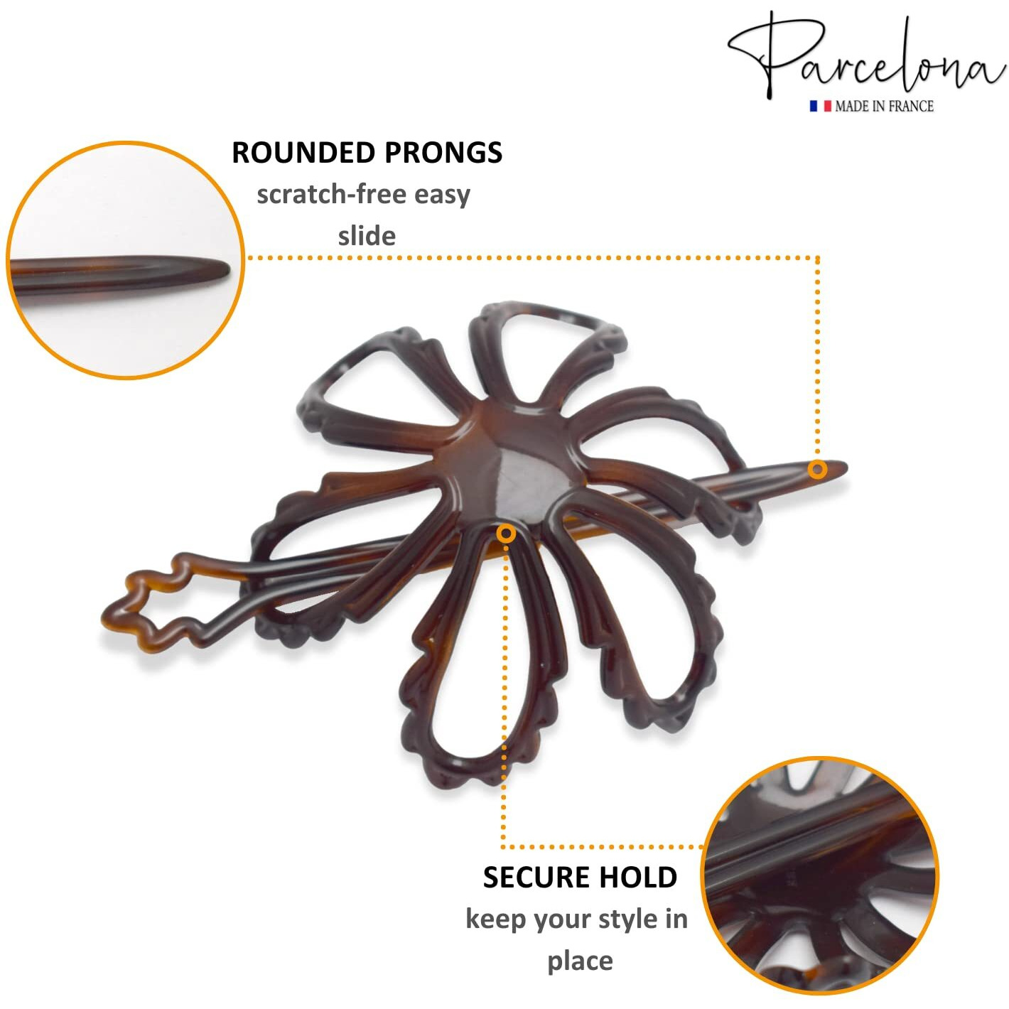 Parcelona French Floral Wavy Petal Tortoise Brown Shell Cellulose Chignon Ponytail Bun Holder Cover Cage Cap Hair Slider Pin Thru Hair Updo With Stick