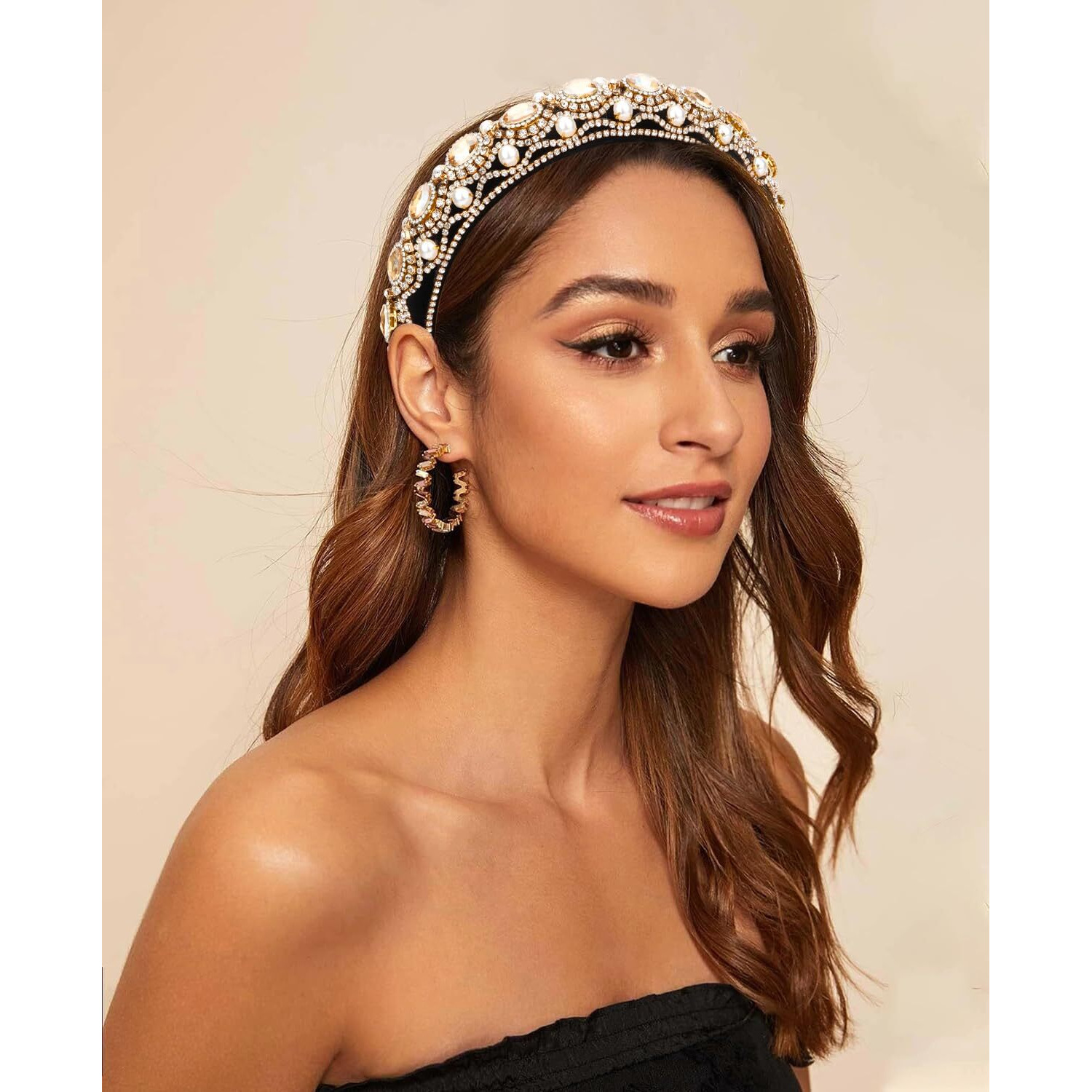 Wecoe Champagne Gold Rhinestone Headband With Pearls Women Vintage Fancy Sparkly Diamond Padded Bulky Puffy Luxury Beaded Headband Renaissance Costume Hair Accessories For Women Girls Gifts