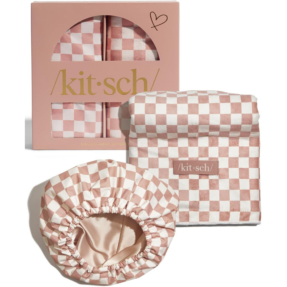 Kitsch Love & Comfort 2Pc Spa Set - Satin Lined Reusable Waterproof Shower Cap And Xl Quick Dry Hair Towel Wrap For Women  Microfiber Towel  Flexi Shower Cap For All Hair Types - Terracotta Checker