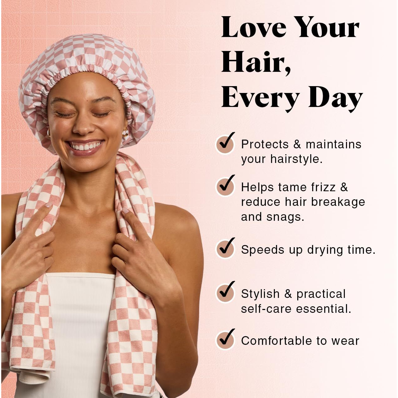 Kitsch Love & Comfort 2Pc Spa Set - Satin Lined Reusable Waterproof Shower Cap And Xl Quick Dry Hair Towel Wrap For Women  Microfiber Towel  Flexi Shower Cap For All Hair Types - Terracotta Checker