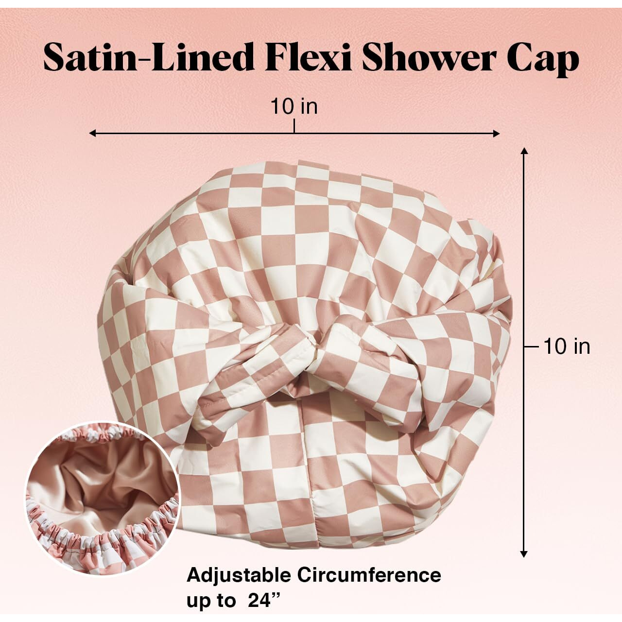 Kitsch Love & Comfort 2Pc Spa Set - Satin Lined Reusable Waterproof Shower Cap And Xl Quick Dry Hair Towel Wrap For Women  Microfiber Towel  Flexi Shower Cap For All Hair Types - Terracotta Checker