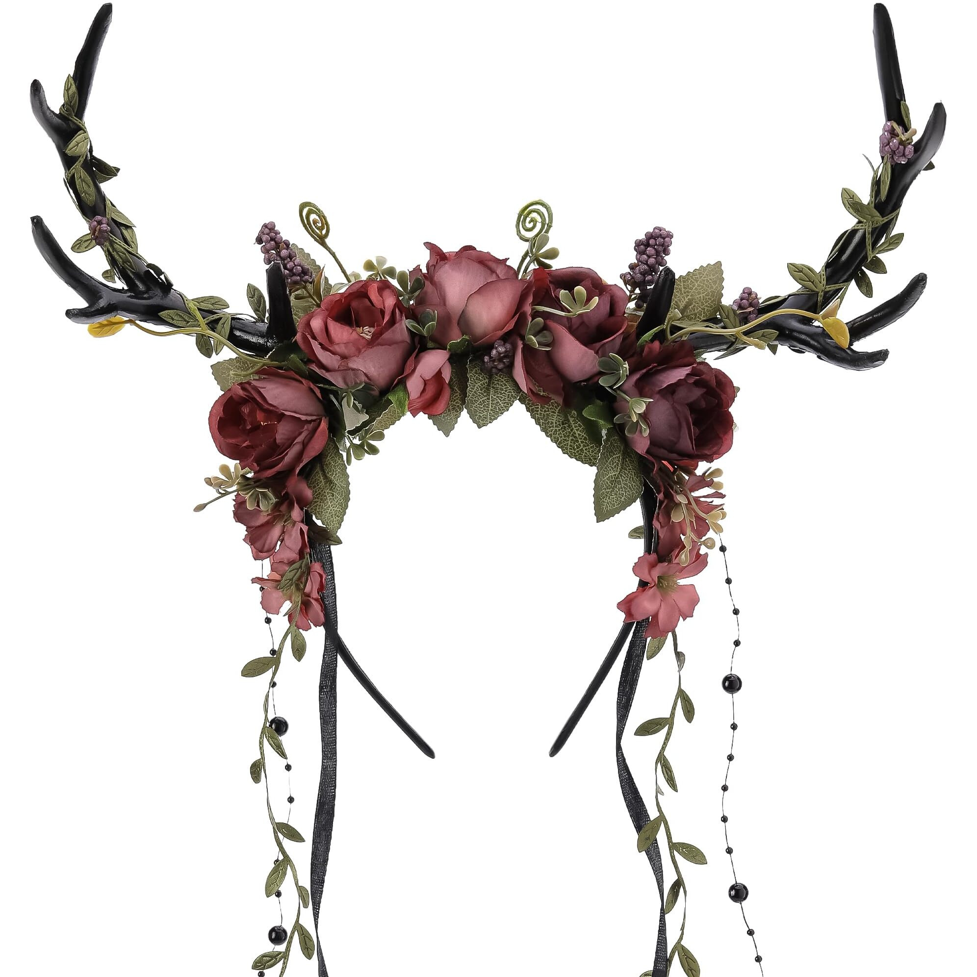Mostory Dark Flower Antler Headband - Floral Black Reindeer Headpiece For Renaissance Accessories Women  Woodland Deer Hairband With Vine For Mother Nature Costume Cosplay Fairy Aesthetic