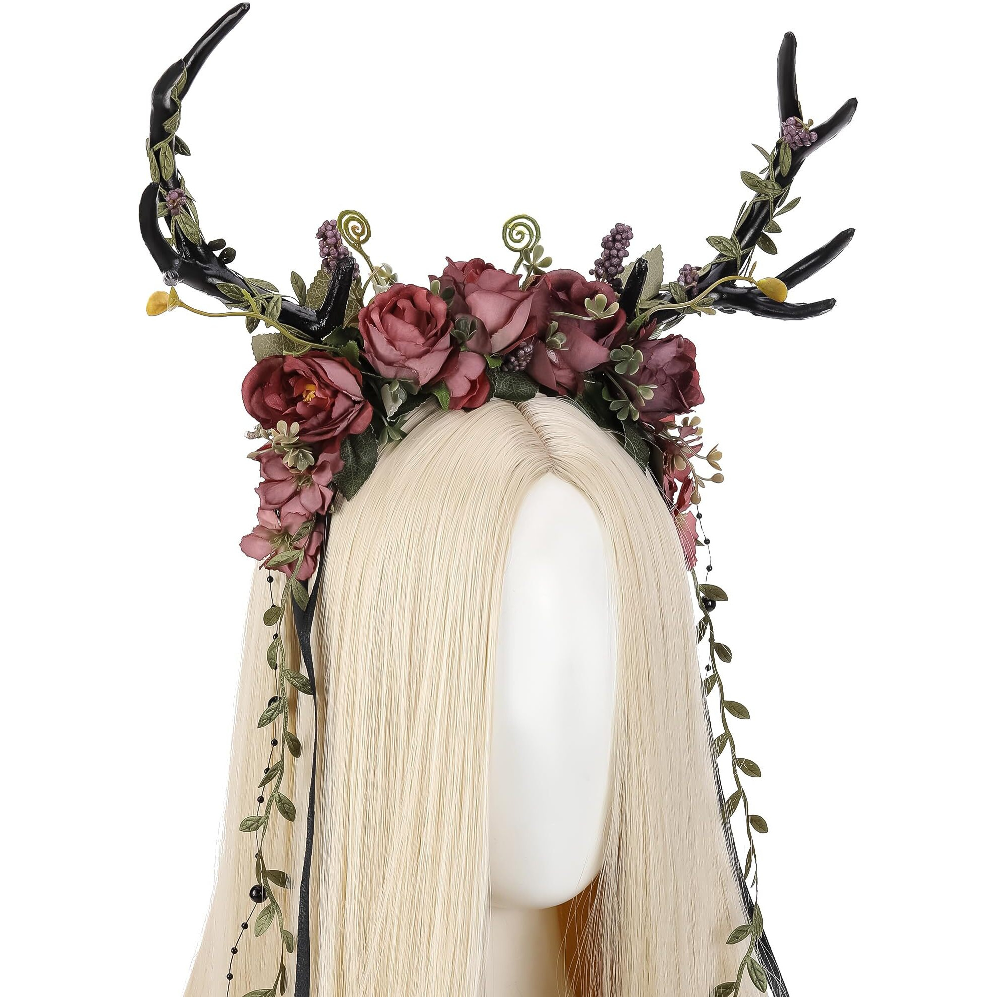 Mostory Dark Flower Antler Headband - Floral Black Reindeer Headpiece For Renaissance Accessories Women  Woodland Deer Hairband With Vine For Mother Nature Costume Cosplay Fairy Aesthetic