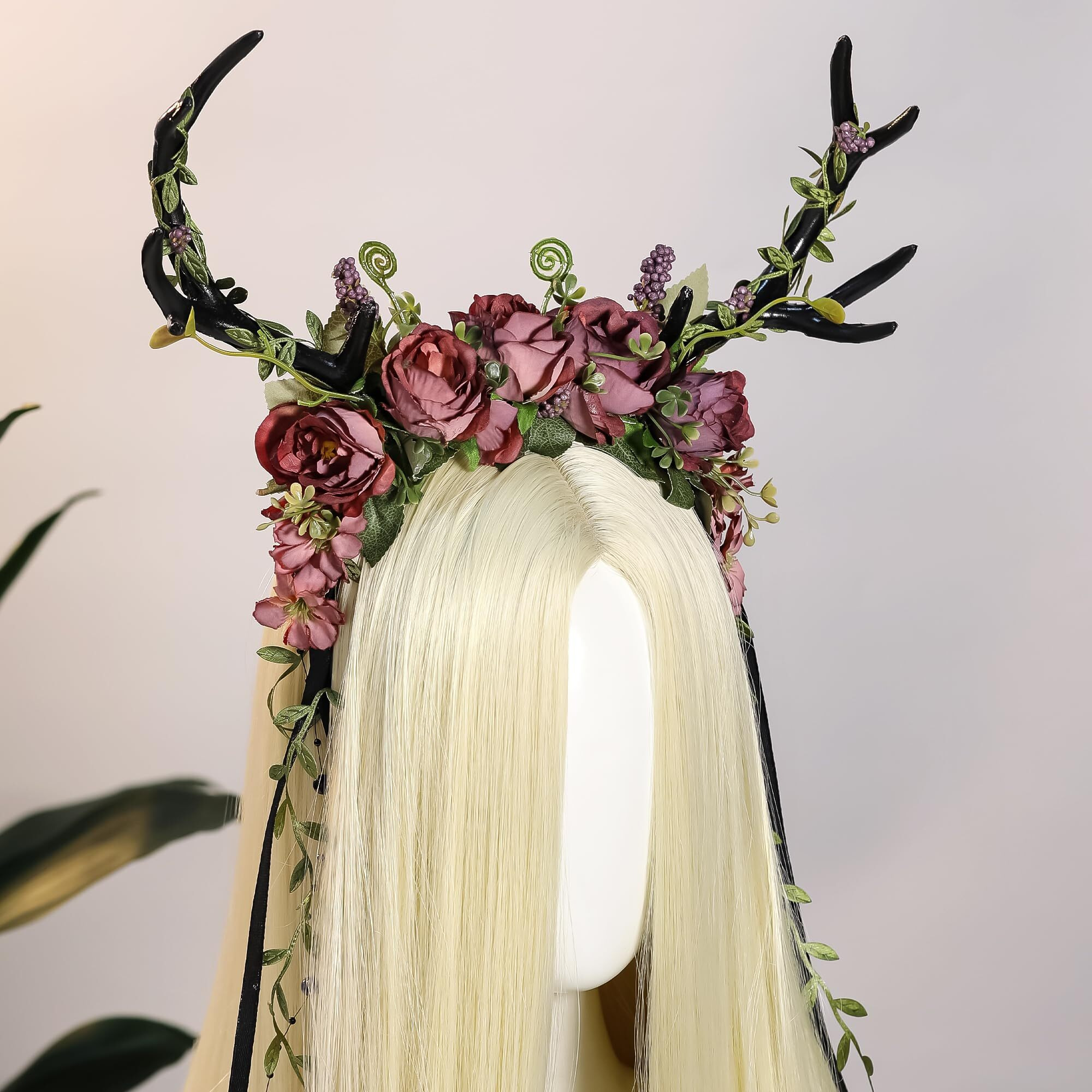 Mostory Dark Flower Antler Headband - Floral Black Reindeer Headpiece For Renaissance Accessories Women  Woodland Deer Hairband With Vine For Mother Nature Costume Cosplay Fairy Aesthetic