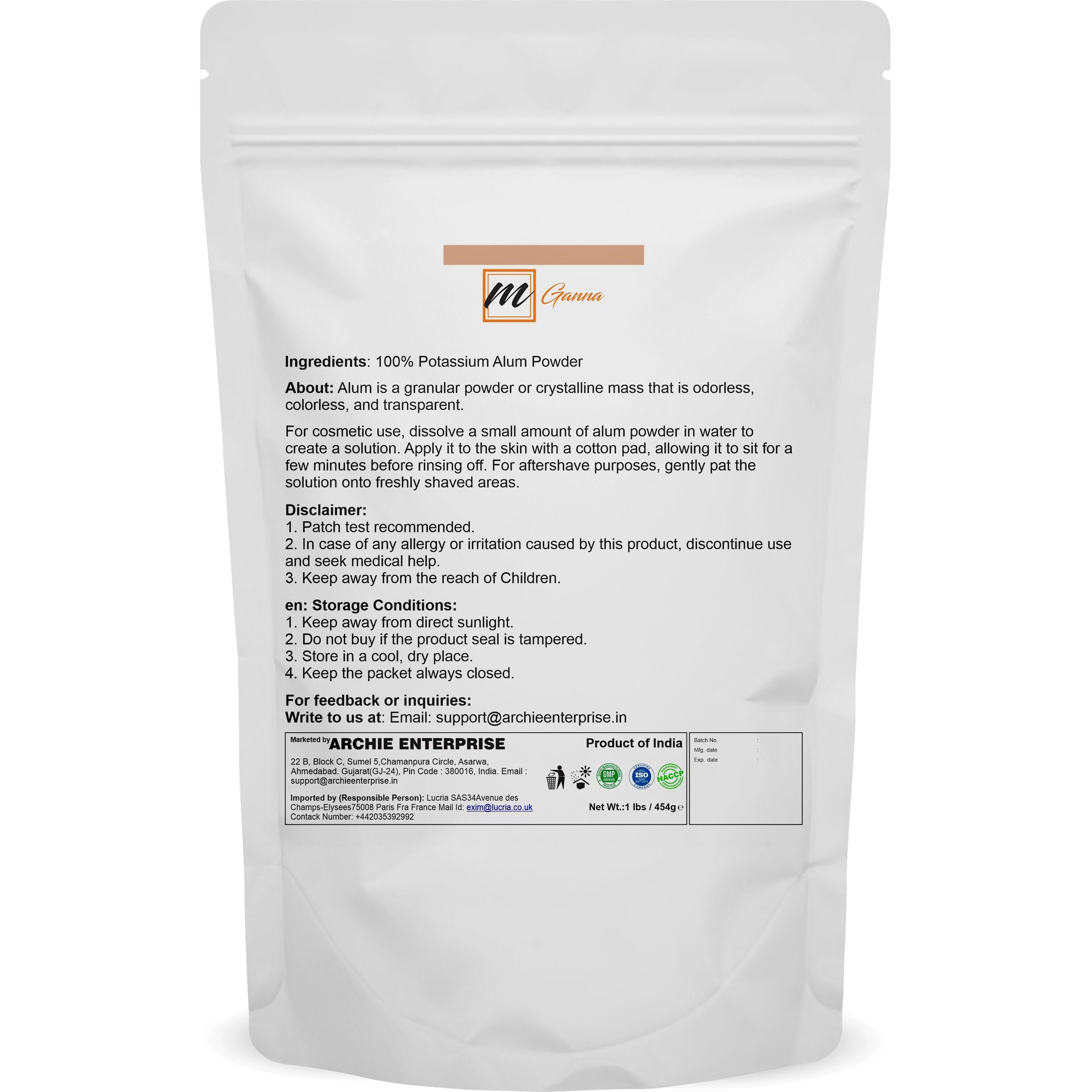 Mganna 100% Natural Alum Powder For Skin And Health Care 454 Gms / 1 Lbs