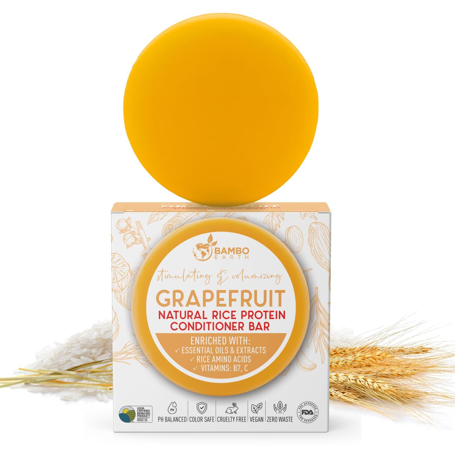 Bamboearth Solid Rice Protein Water Conditioner Bar Hair Soap - Conditioning Bars For Hair With All Natural Plant Based Essential Oils And Zero Waste Packaging - Use With Shampoo Bar (Grapefruit)