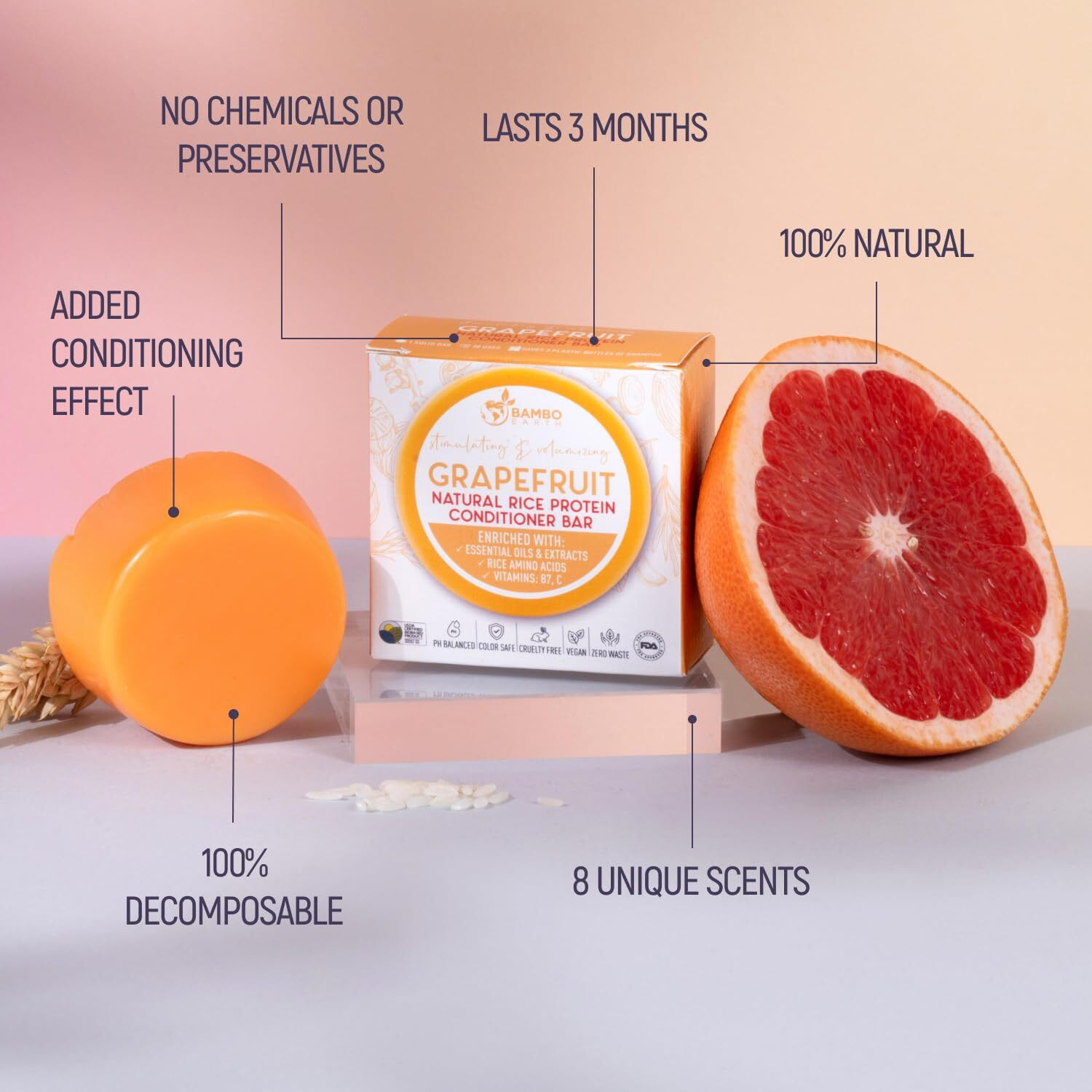 Bamboearth Solid Rice Protein Water Conditioner Bar Hair Soap - Conditioning Bars For Hair With All Natural Plant Based Essential Oils And Zero Waste Packaging - Use With Shampoo Bar (Grapefruit)