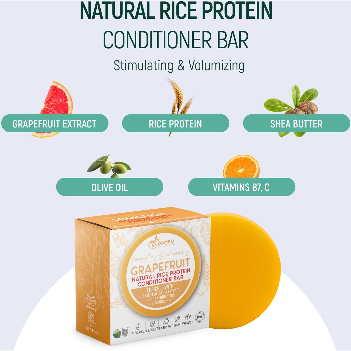 Bamboearth Solid Rice Protein Water Conditioner Bar Hair Soap - Conditioning Bars For Hair With All Natural Plant Based Essential Oils And Zero Waste Packaging - Use With Shampoo Bar (Grapefruit)