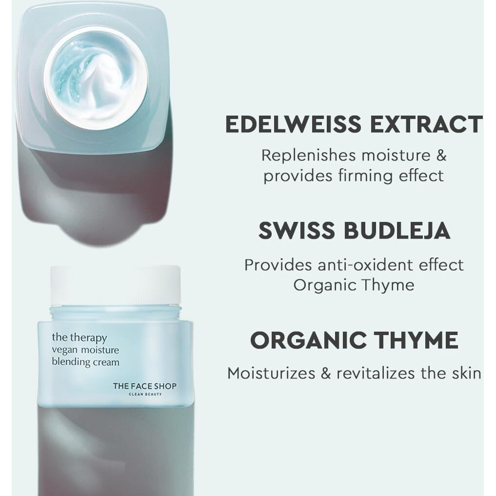 The Face Shop The Therapy Vegan Moisture Blending Cream | Vegan Moisturizer | Cooling | Hydrating | Skin-Friendly | 2-In-1 Gel & Cream | K-Beauty