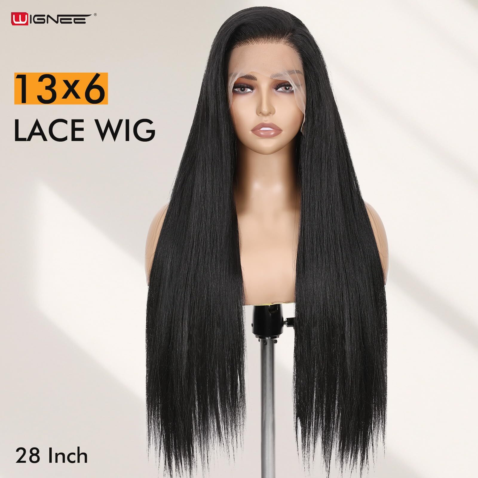 Wignee 13X6 Synthetic Lace Front Wig 28"" Long Straight Wig Natural Black Kanekalon Futura Synthetic Wigs For Black Women Pre-Plucked Glueless Wig For Daily Party Use