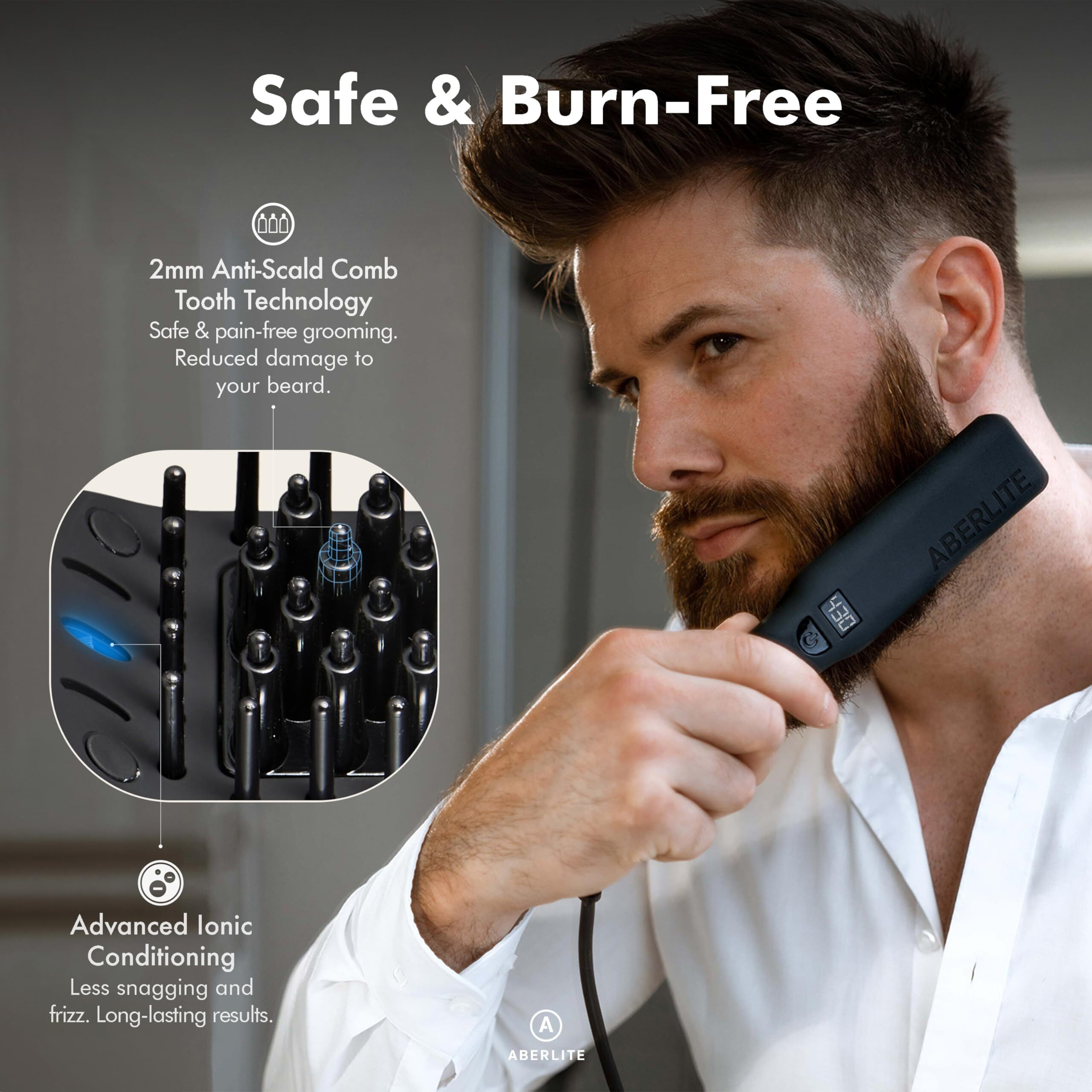 Aberlite Pro (Upgraded) - Professional Black Beard Straightener - Anti-Scald Comb Tooth - Ionic Conditioning - For All Beard Types