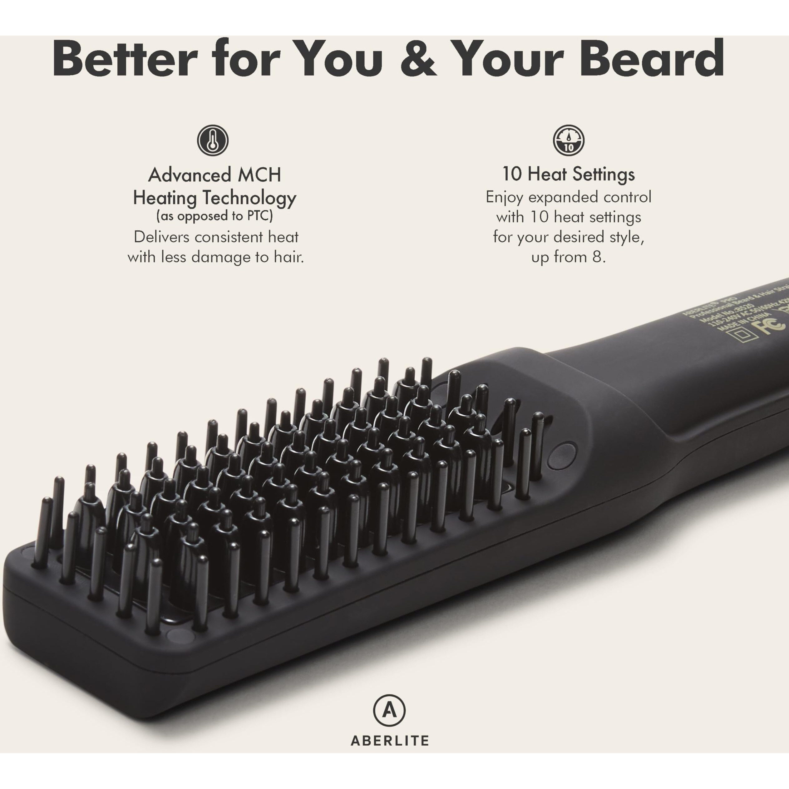 Aberlite Pro (Upgraded) - Professional Black Beard Straightener - Anti-Scald Comb Tooth - Ionic Conditioning - For All Beard Types
