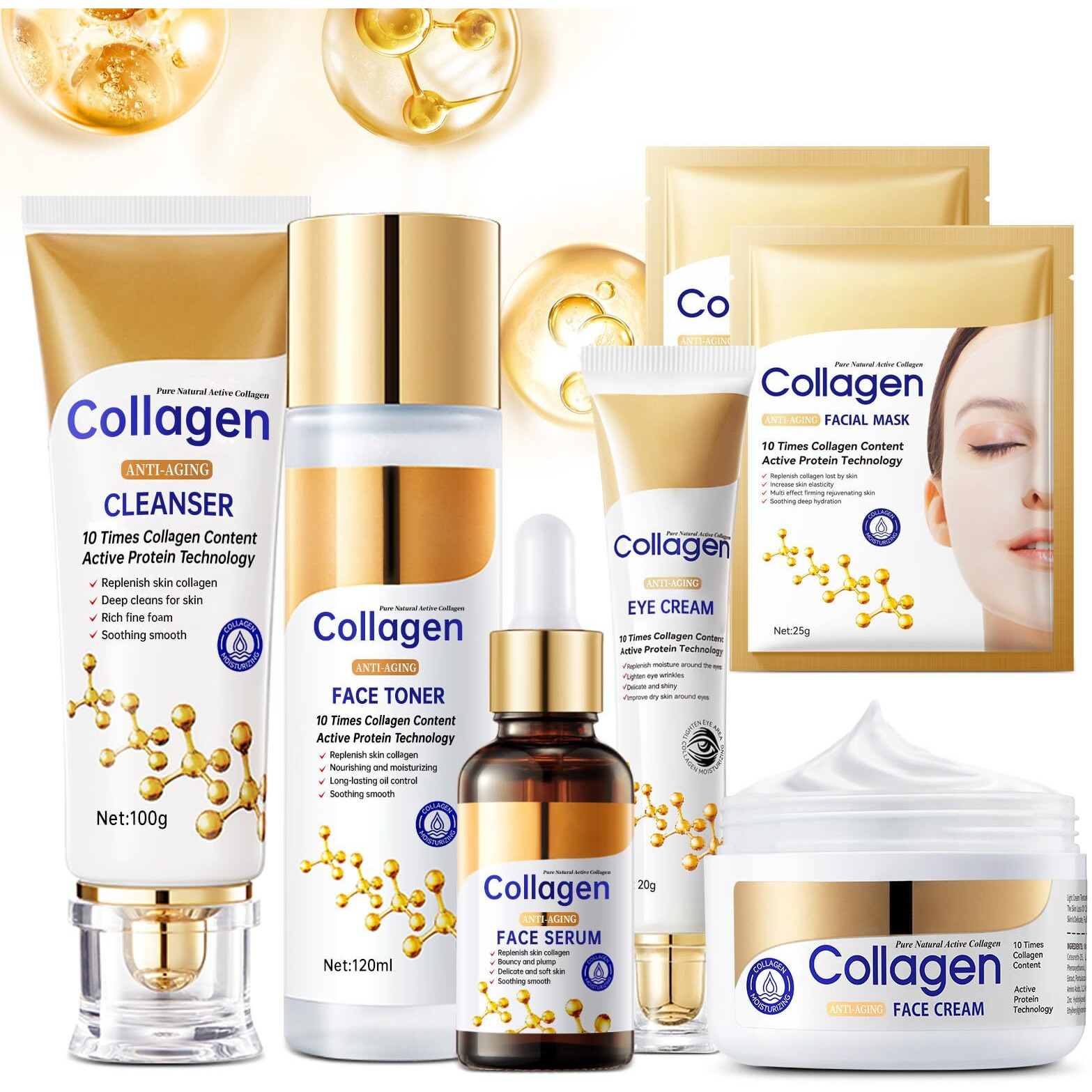 Collagen Skin Care Set  Anti Aging Skincare Set For Wrinkles & Fine Lines  Shrink Pores  Hydrate & Firm Skin  7 Pcs Skincare Kits For Women With Cleanser  Toner  Serum  Cream  Eye Cream  2 Pcs Masks.