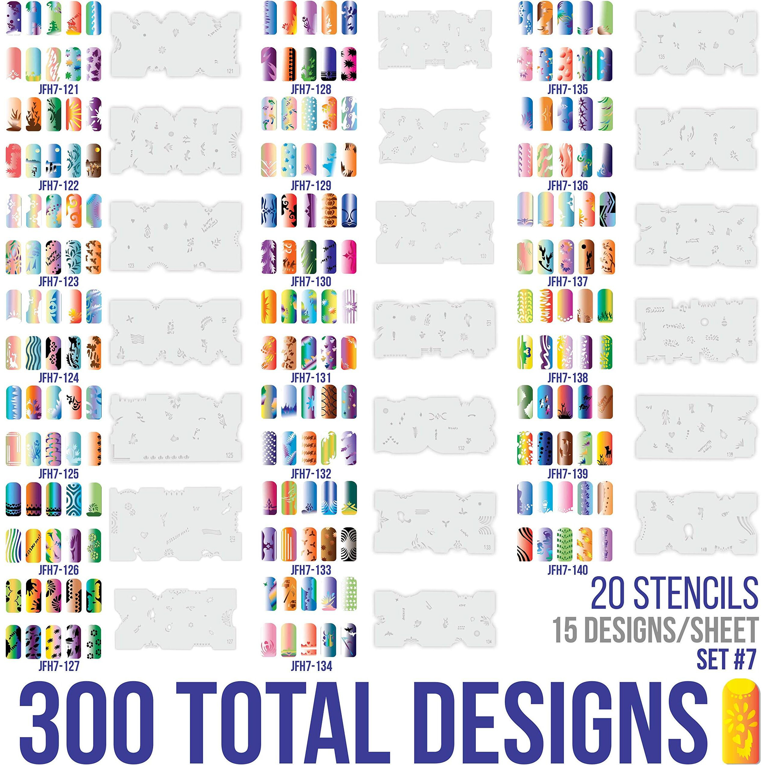 Custom Body Art Airbrush Nail Stencils - Design Series Set  7 Includes 20 Individual Nail Templates With 16 Designs Each For A Total Of 320 Designs Of Series 7