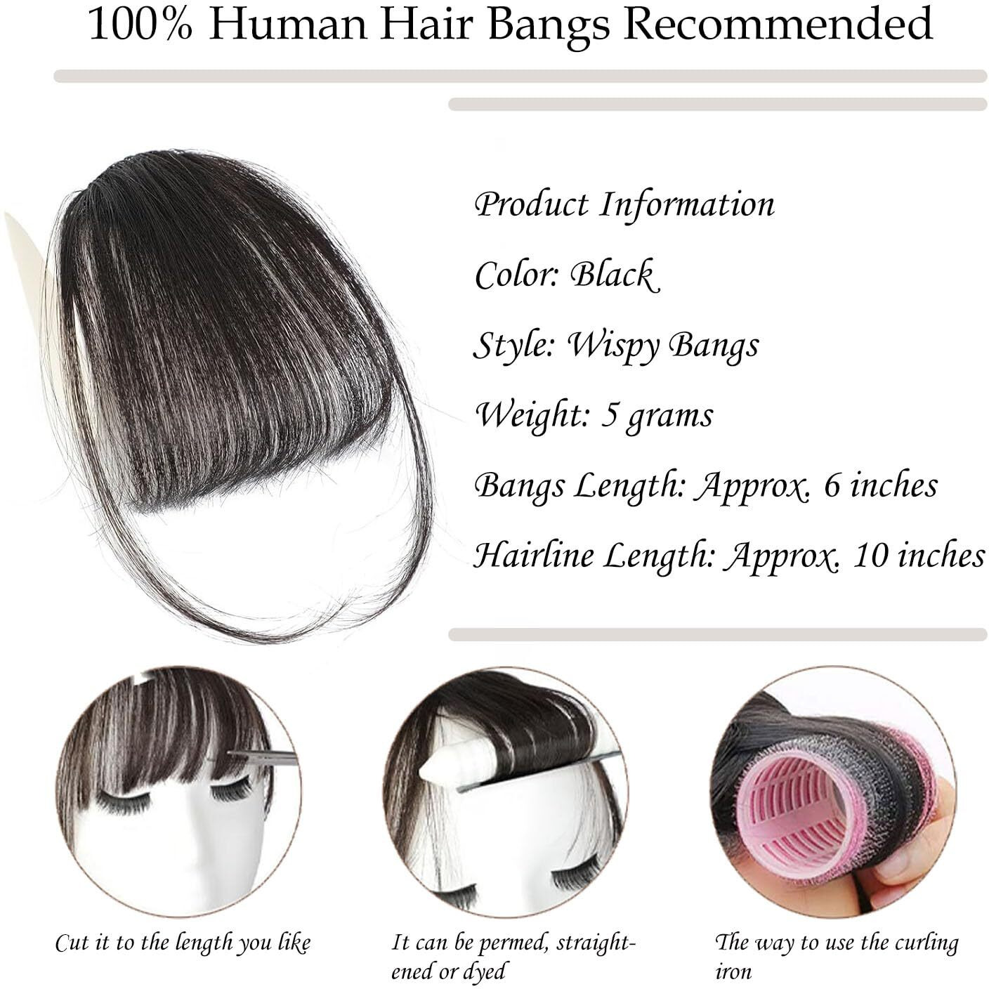 Aiduzety Clip In Bangs 100% Human Hair Clip On Wispy Bangs Fringe With Temples Hairpieces Fake Front Bangs Extensions For Women For Daily Wear (Black)