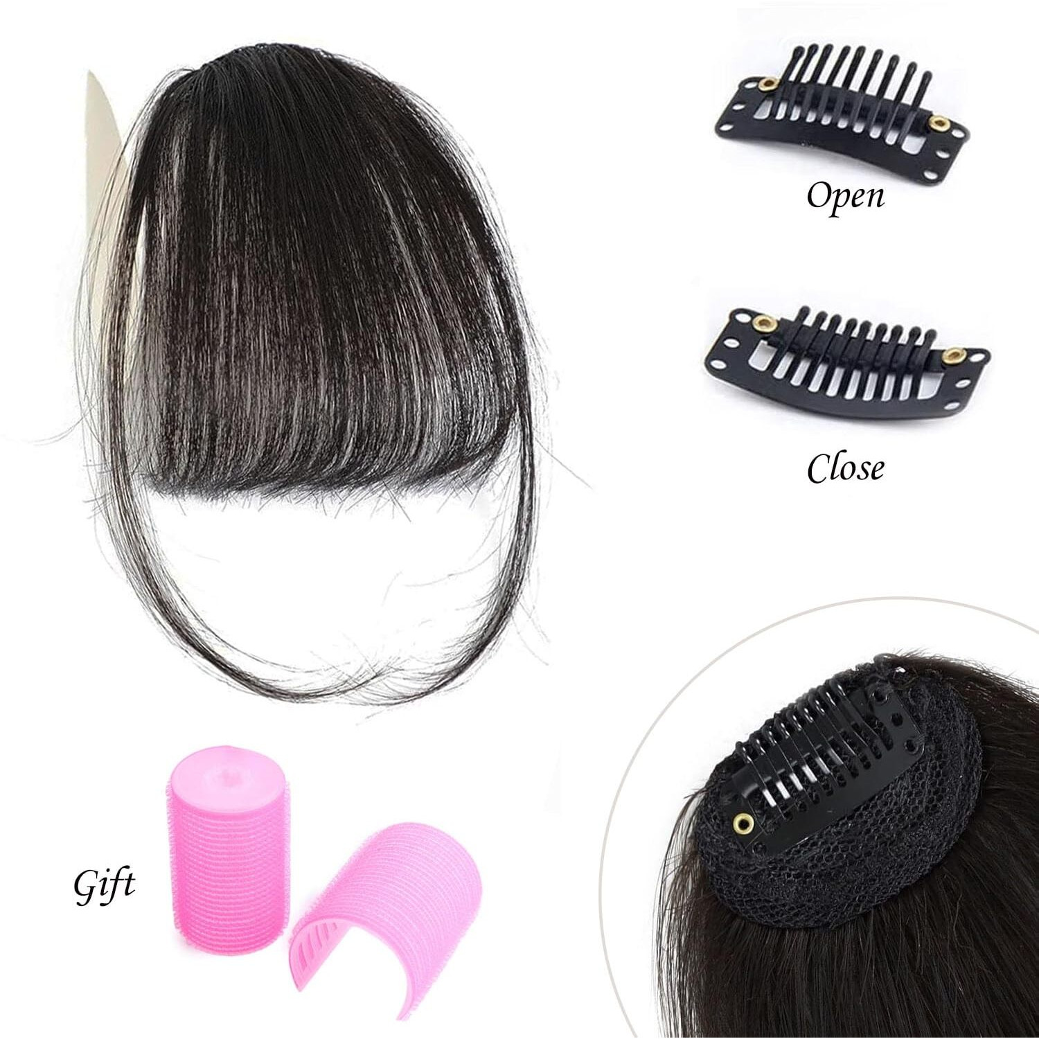 Aiduzety Clip In Bangs 100% Human Hair Clip On Wispy Bangs Fringe With Temples Hairpieces Fake Front Bangs Extensions For Women For Daily Wear (Black)