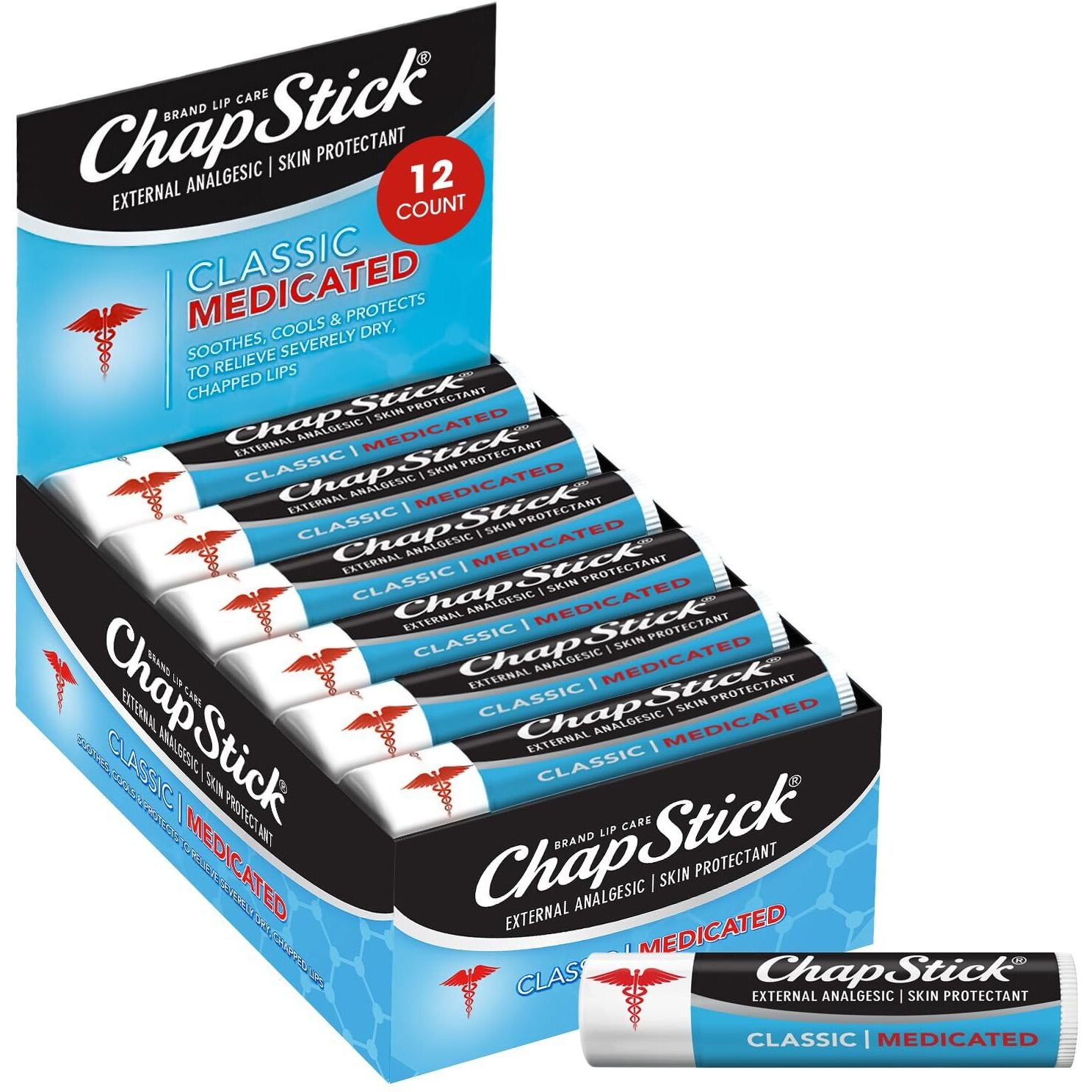 Chapstick Bulk Medicated Lip Balm 12-Pack - External Analgesic  Skin Protectant For Dry Lips & Cold Sore Pain Relief  0.15 Oz Ea