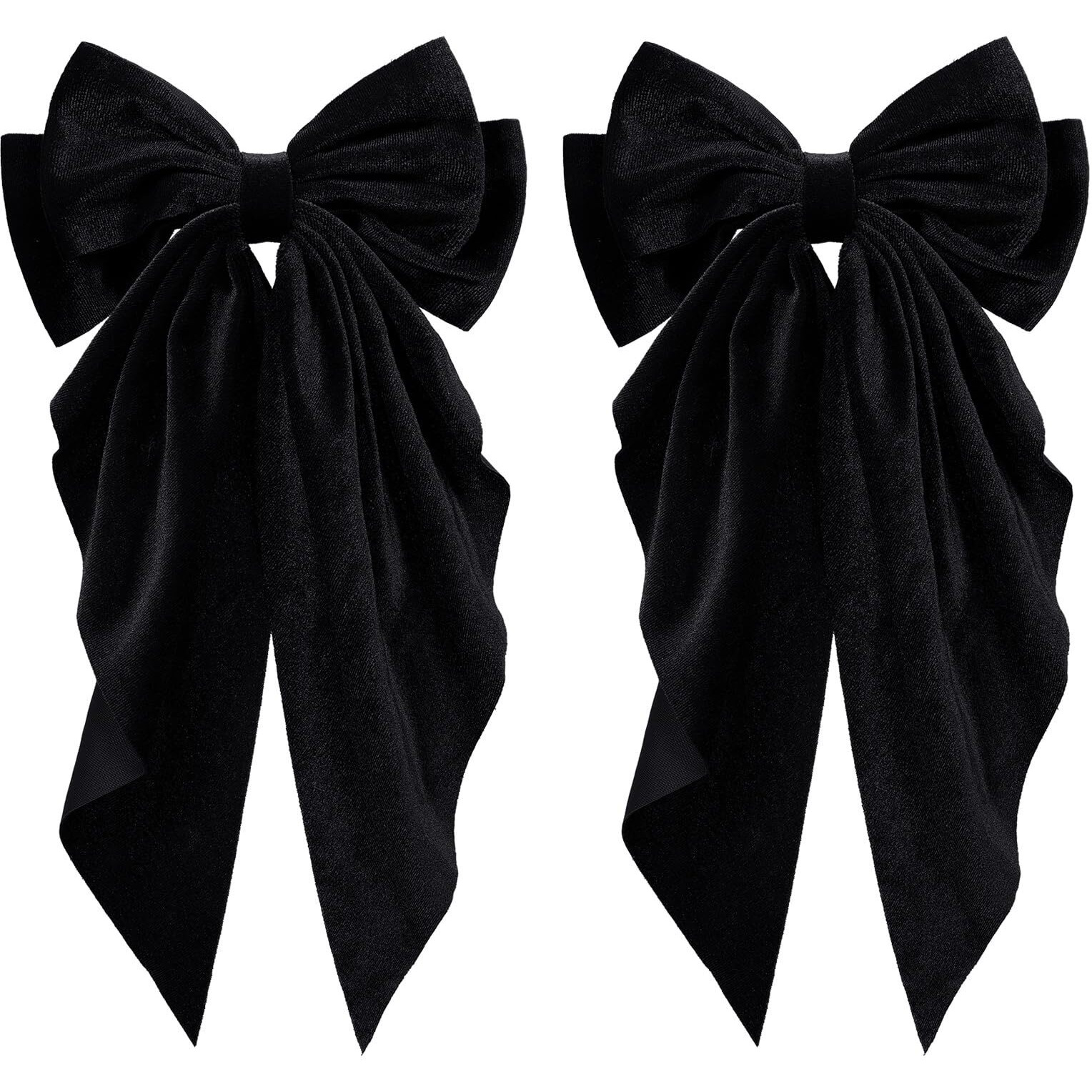 2Pc Large Hair Bows For Women Girls Thick Hair Black Velvet Ribbon Hair Bow Clips With Long Tail French Barrette Hair Clamps Wedding Ponytail Holder Decor Accessories