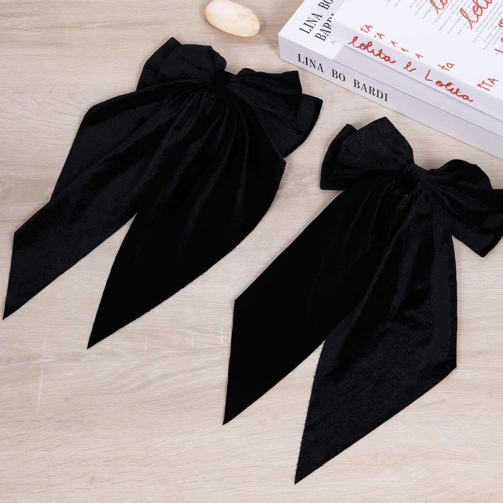 2Pc Large Hair Bows For Women Girls Thick Hair Black Velvet Ribbon Hair Bow Clips With Long Tail French Barrette Hair Clamps Wedding Ponytail Holder Decor Accessories