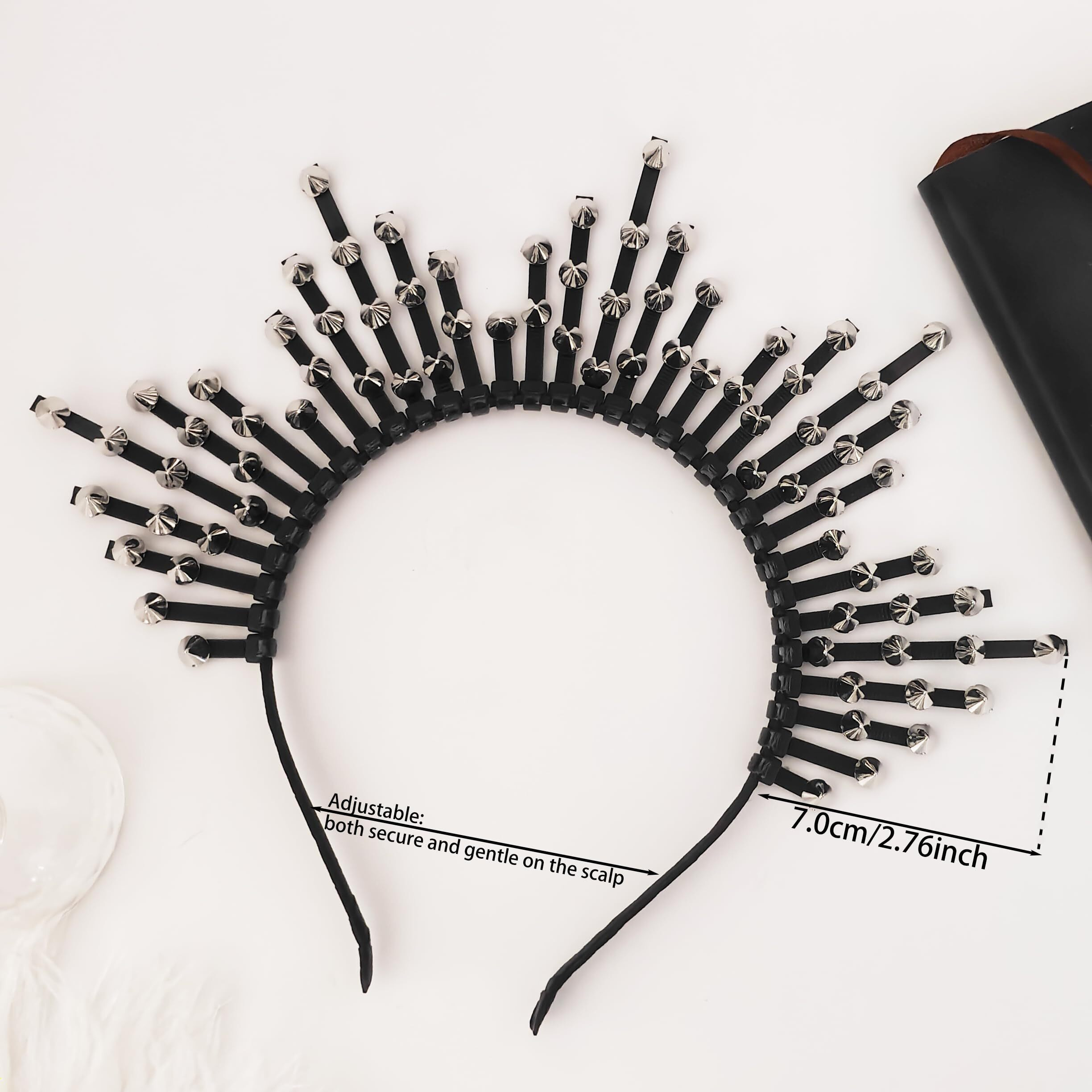 Eioi & Lmnm Punk Rivet Halo Crown Headband For Women  Goth Silver Studded Hairband  Edgy Rebellious Dark Wicked Spiky Black Tiara Headpiece For Halloween Cosplay Photoshoot (A  One-Size)