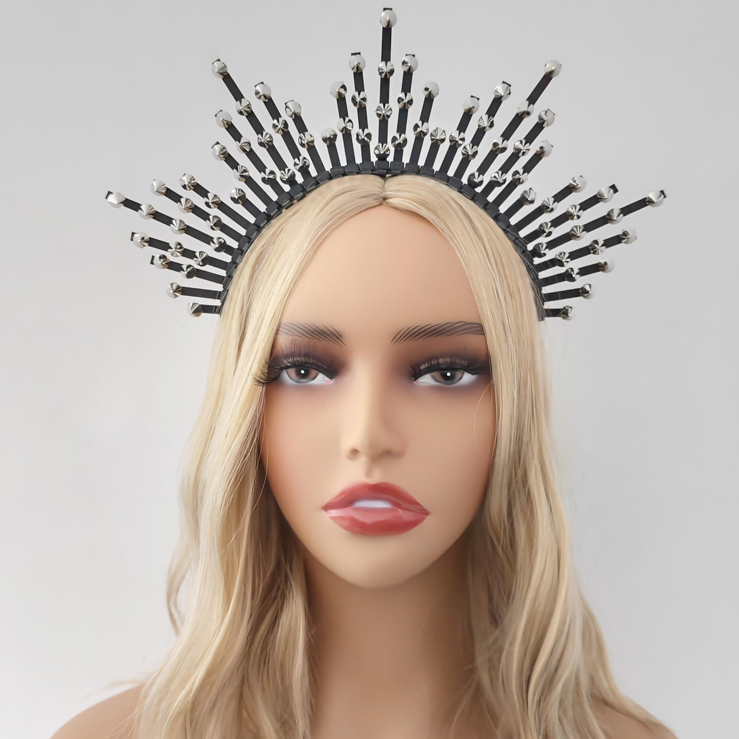 Eioi & Lmnm Punk Rivet Halo Crown Headband For Women  Goth Silver Studded Hairband  Edgy Rebellious Dark Wicked Spiky Black Tiara Headpiece For Halloween Cosplay Photoshoot (A  One-Size)