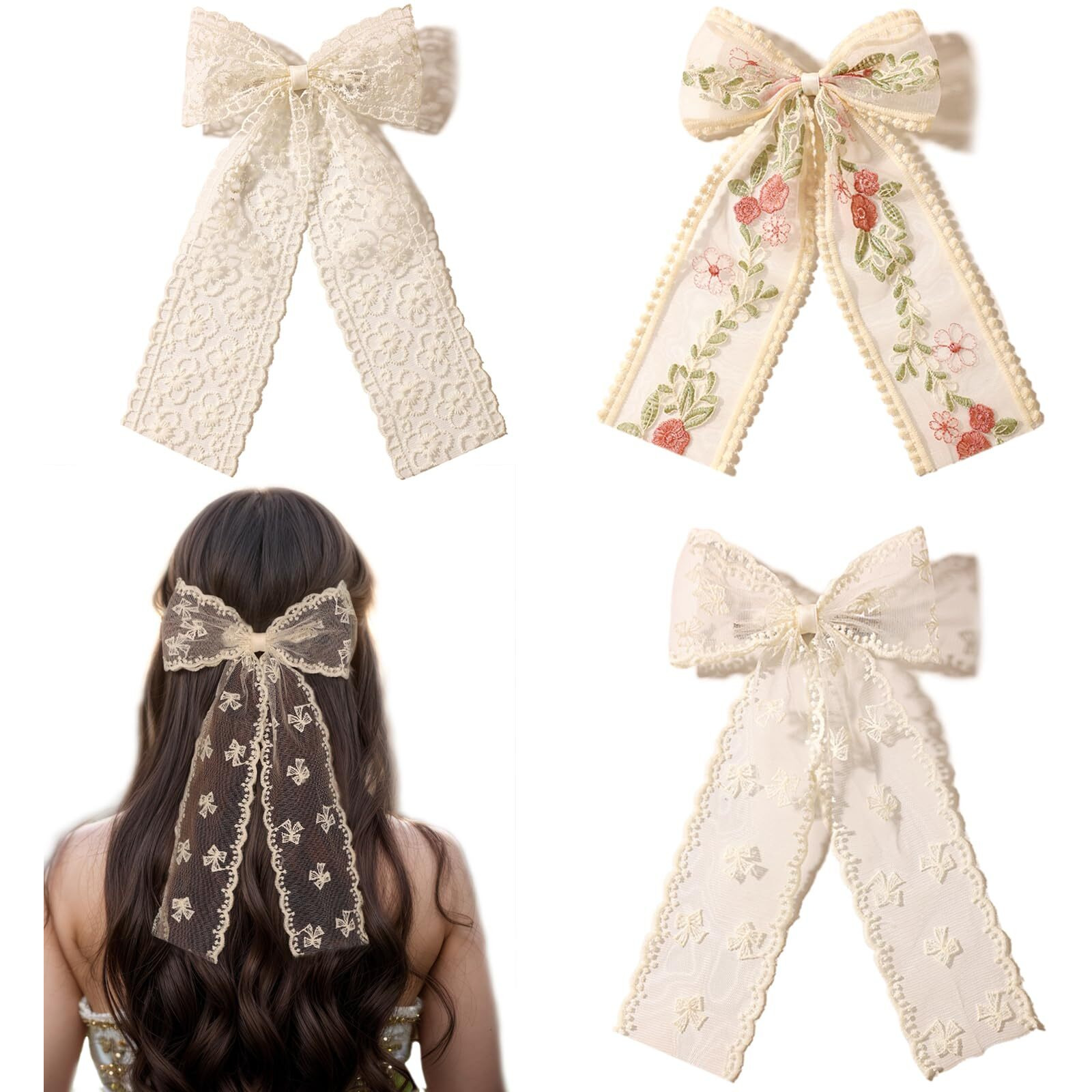 Lfouvre Beige Lace Hair Bows With Embroidered Flowers - Bowknots  Barrettes  And Hair Clips With Long Tails For Women (3Pcs)