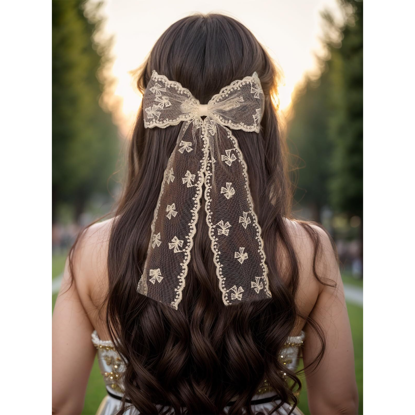 Lfouvre Beige Lace Hair Bows With Embroidered Flowers - Bowknots  Barrettes  And Hair Clips With Long Tails For Women (3Pcs)