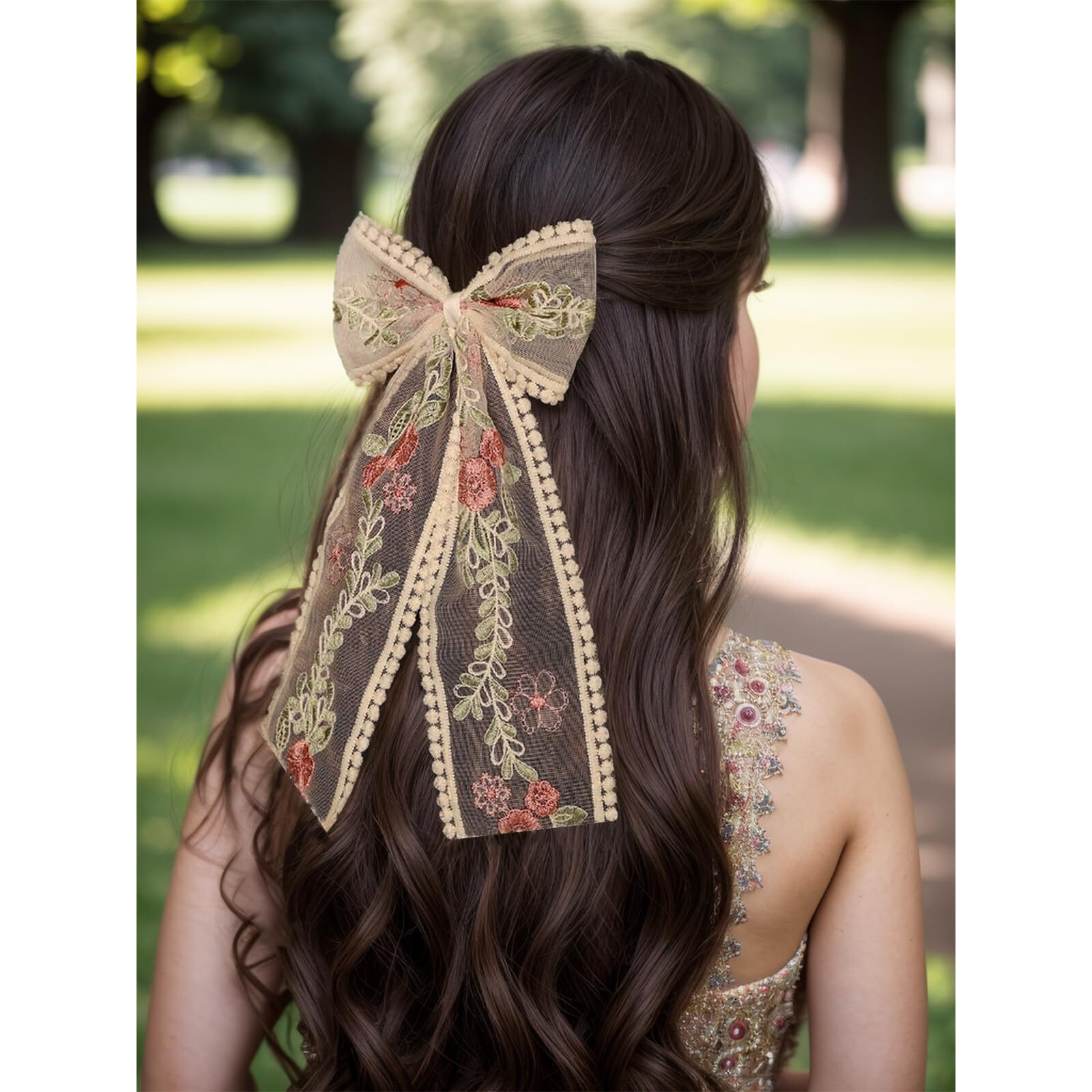 Lfouvre Beige Lace Hair Bows With Embroidered Flowers - Bowknots  Barrettes  And Hair Clips With Long Tails For Women (3Pcs)